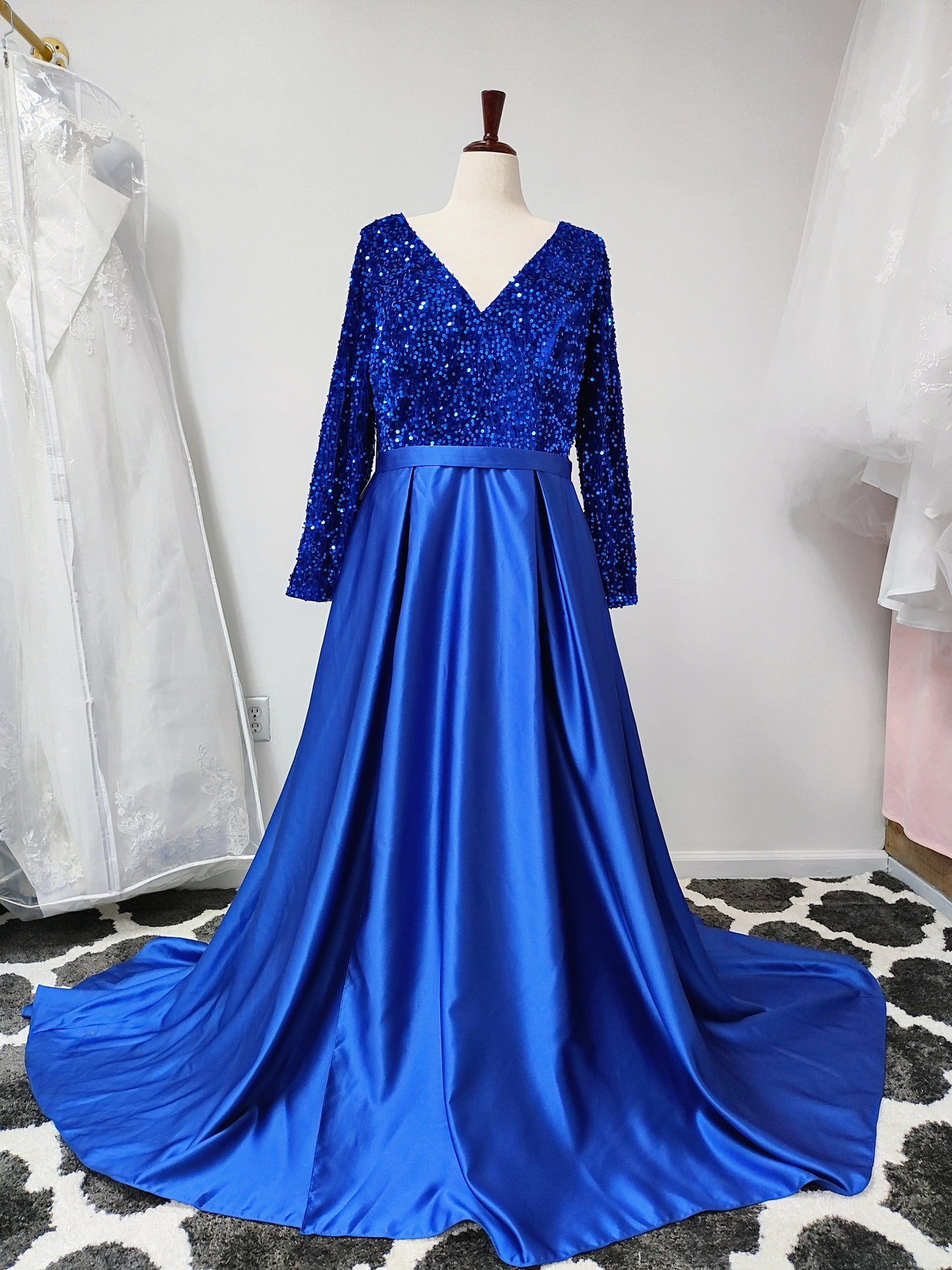 Royal Blue sequin dress with satin train