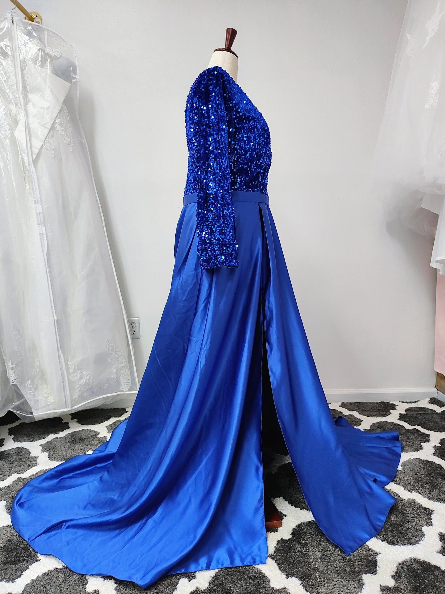 Royal Blue sequin dress with satin train