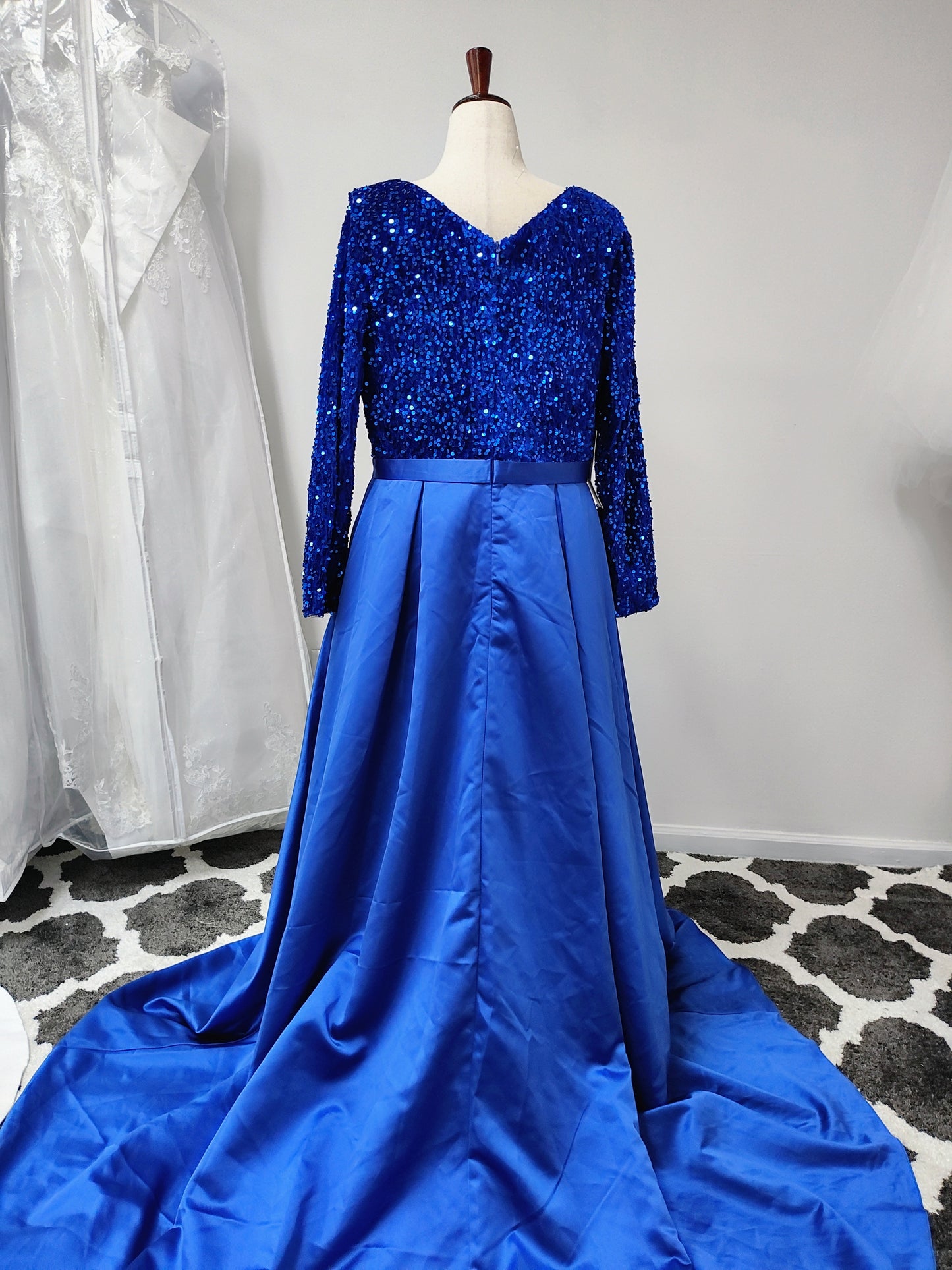 Royal Blue sequin dress with satin train