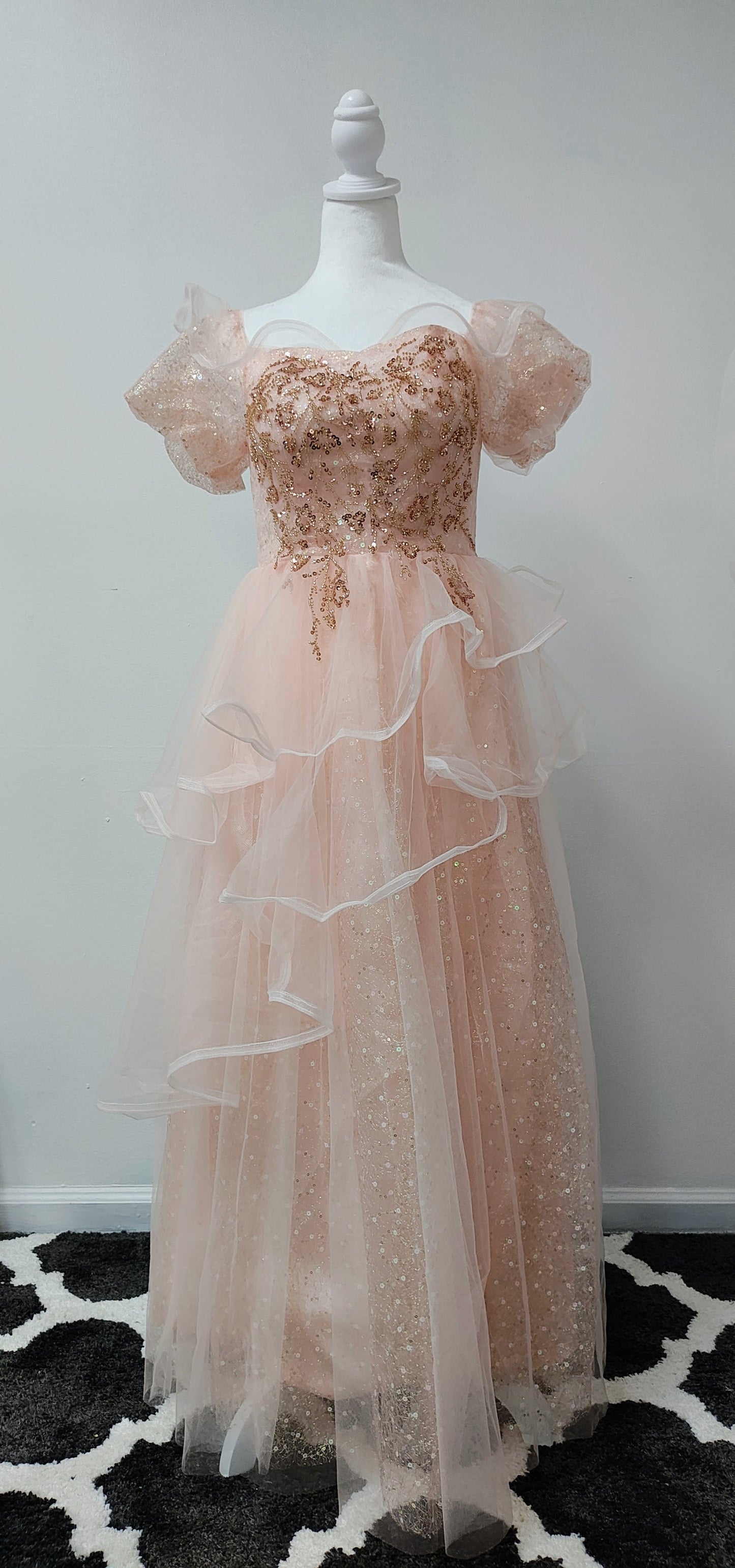 Pink gold sequin ruffled prom dress