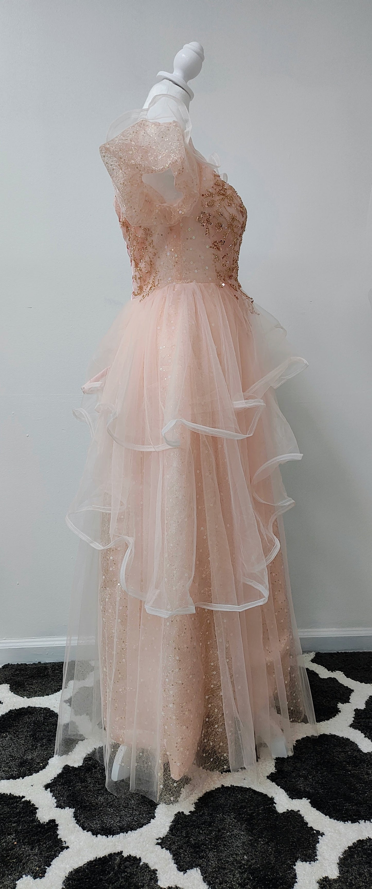 Pink gold sequin ruffled prom dress