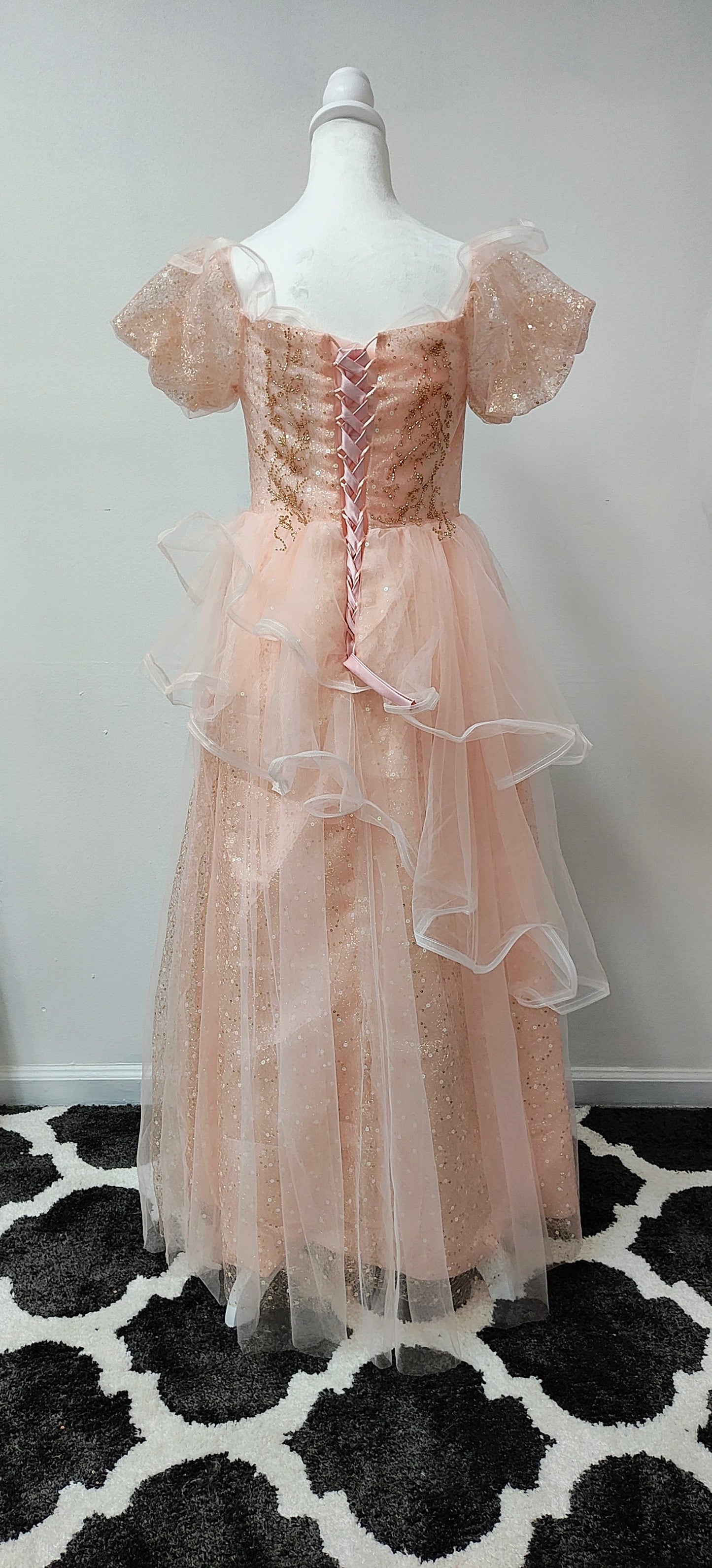Pink gold sequin ruffled prom dress