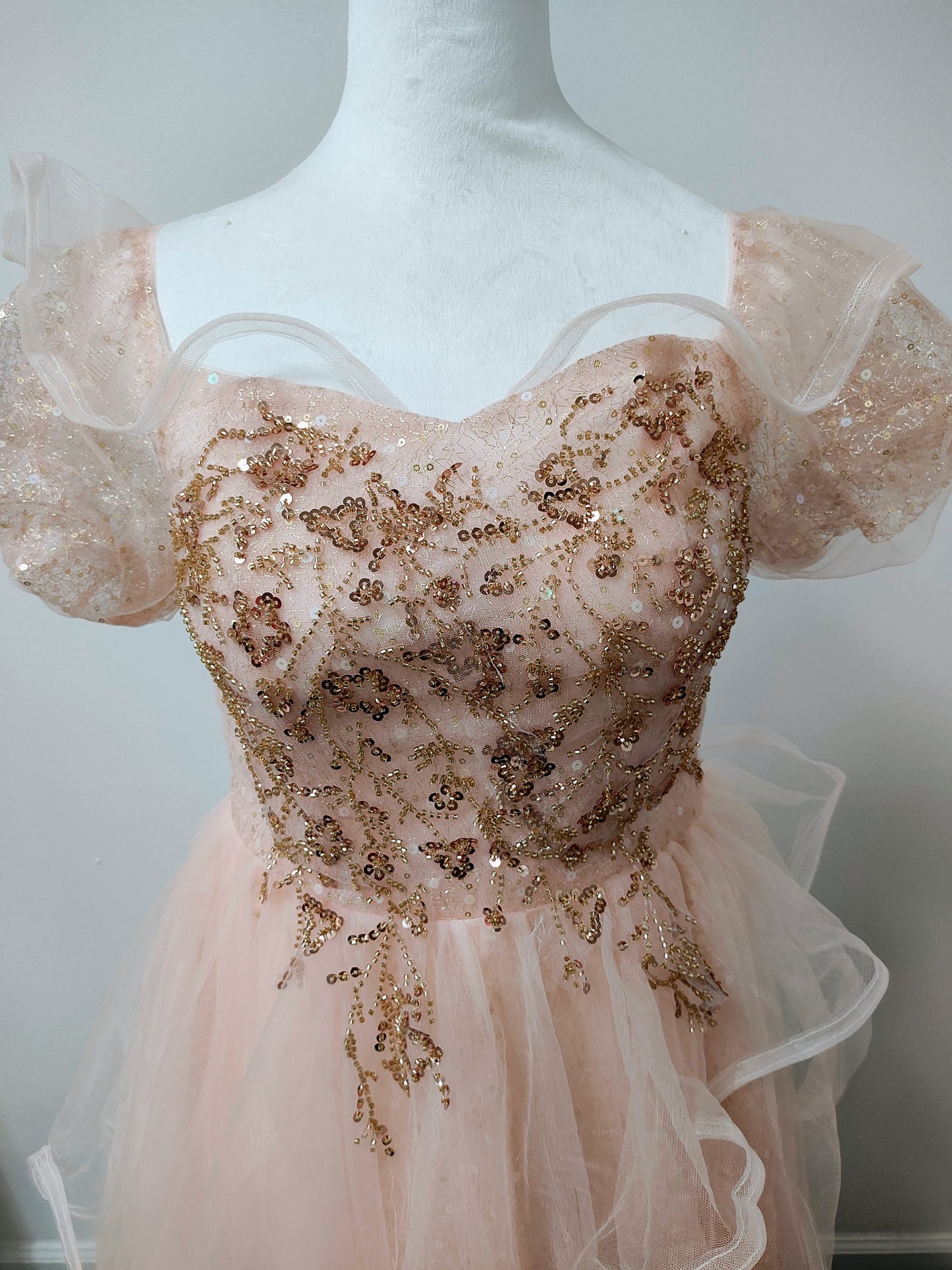 Pink gold sequin ruffled prom dress