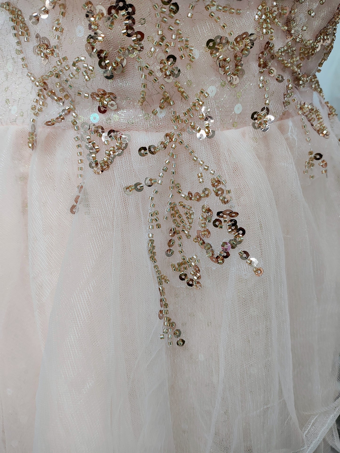 Pink gold sequin ruffled prom dress