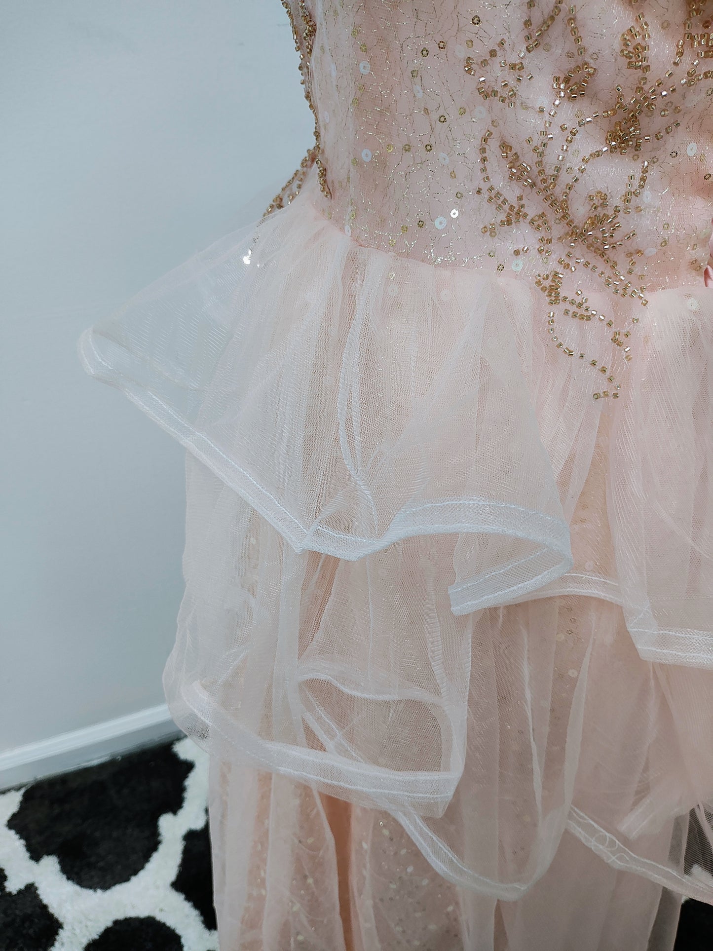 Pink gold sequin ruffled prom dress