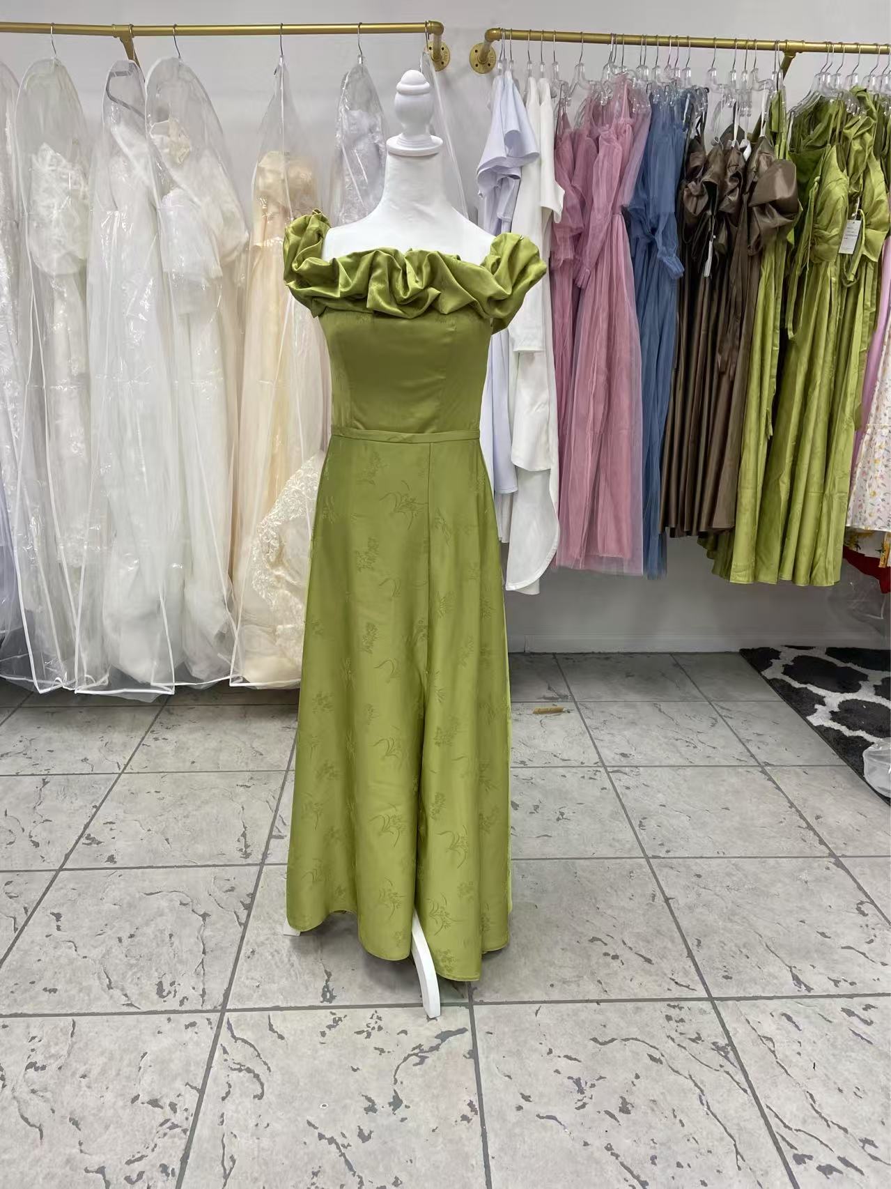 Ruffled Olive Gown Bridesmaids Dress