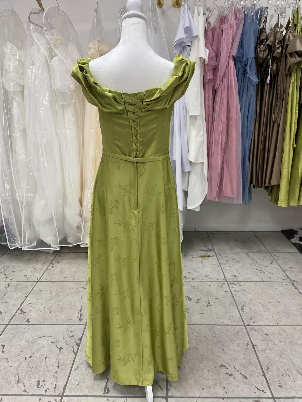 Ruffled Olive Gown Bridesmaids Dress