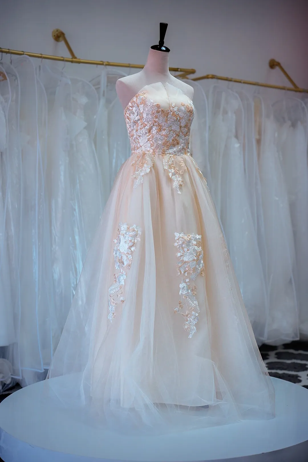 Blush floral lace wedding gown