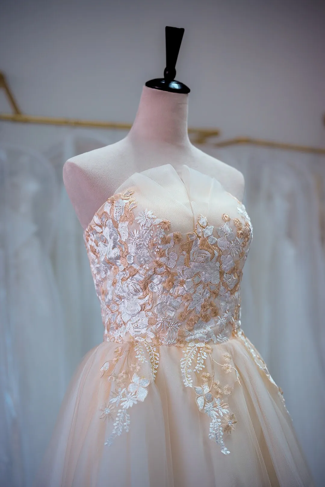 Blush floral lace wedding gown photo 2