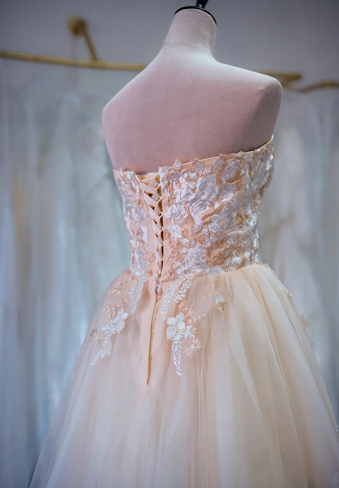 Blush floral lace wedding gown photo 4