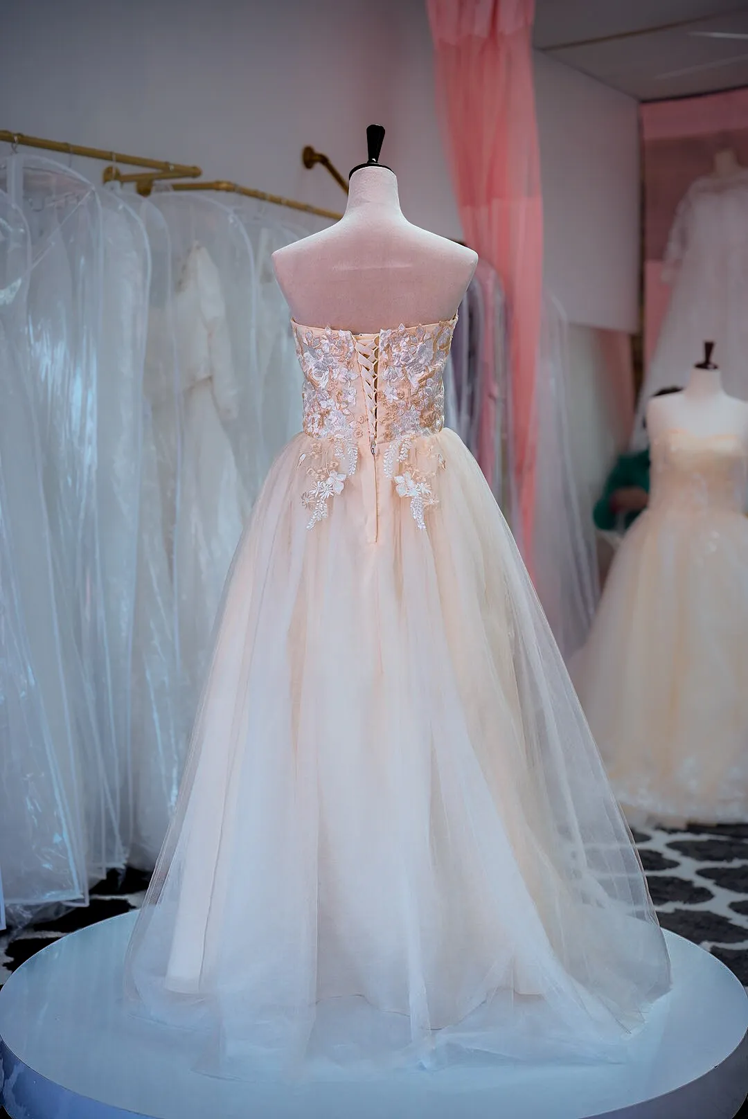 Blush floral lace wedding gown photo 5