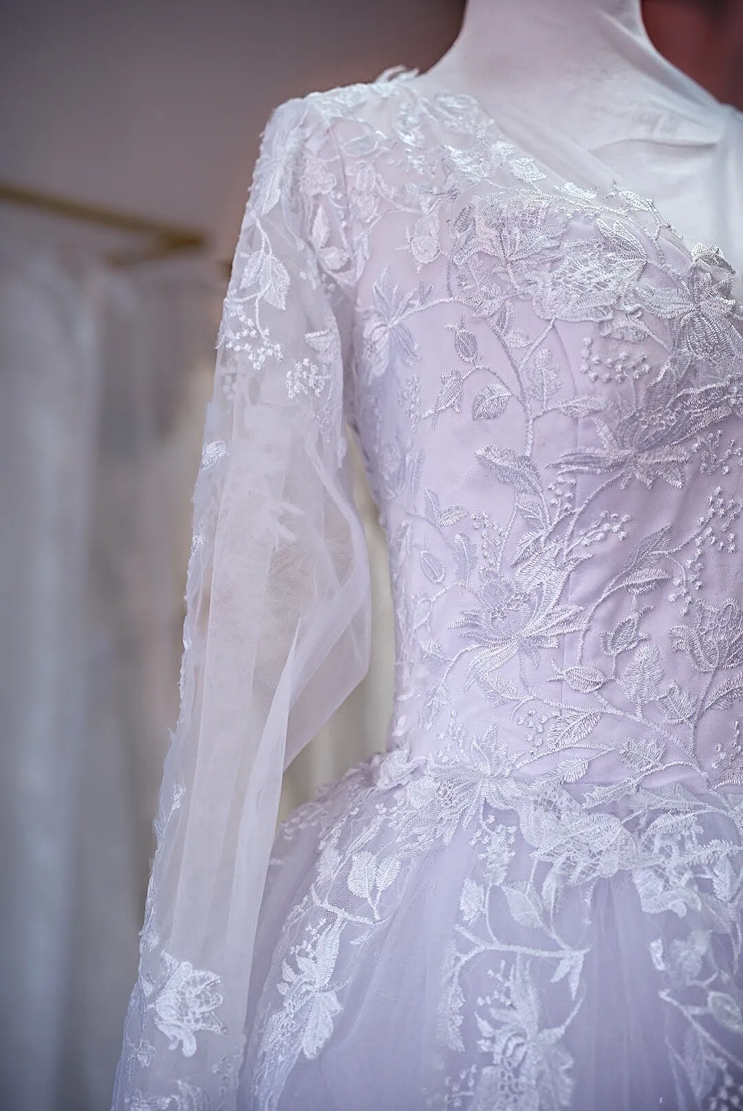 Blush lace wedding gown with sheer sleeves photo 3