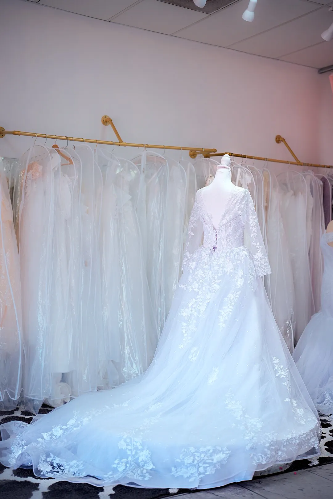 Blush lace wedding gown with sheer sleeves photo 4