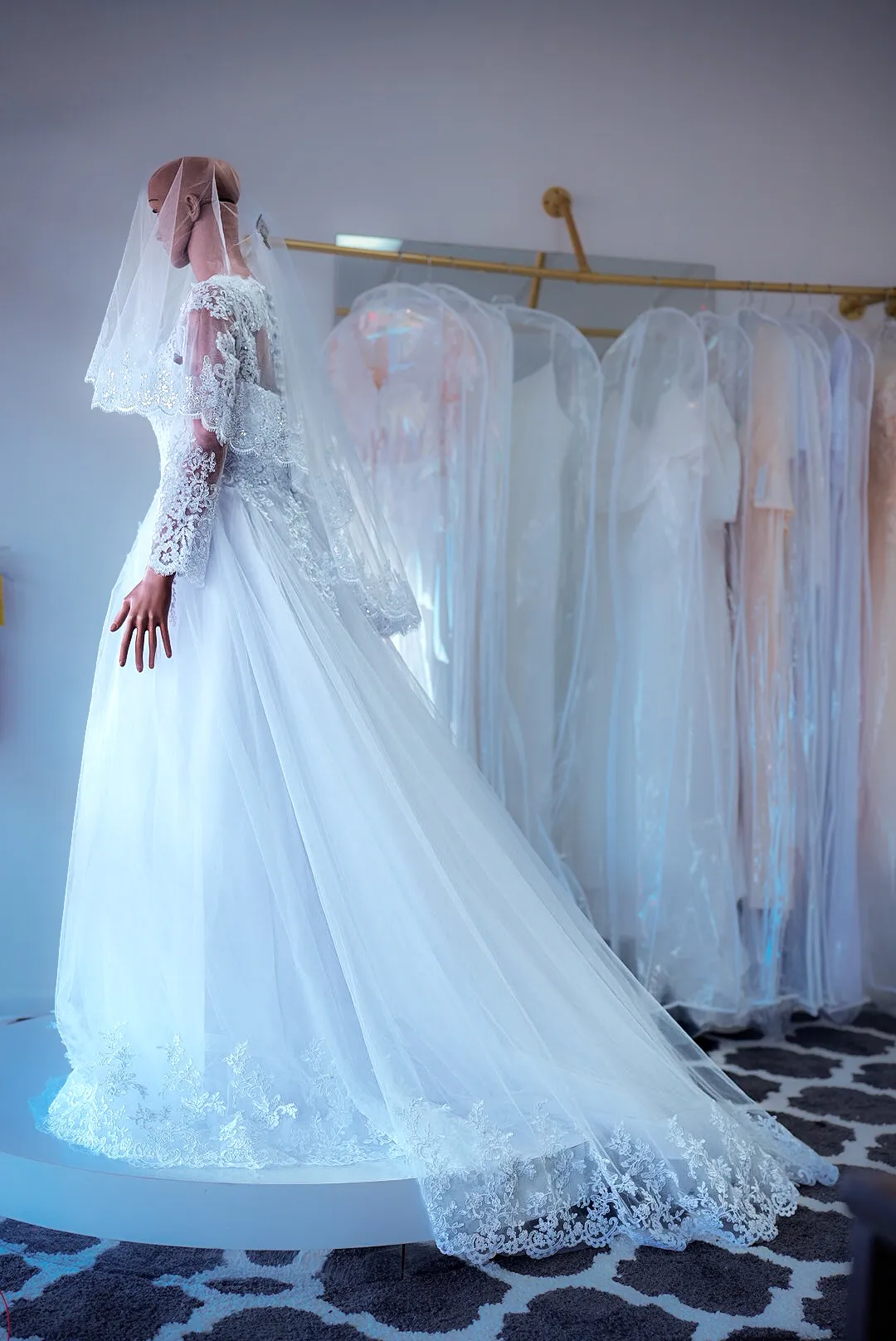 White illusion-sleeve lace wedding gown photo 3