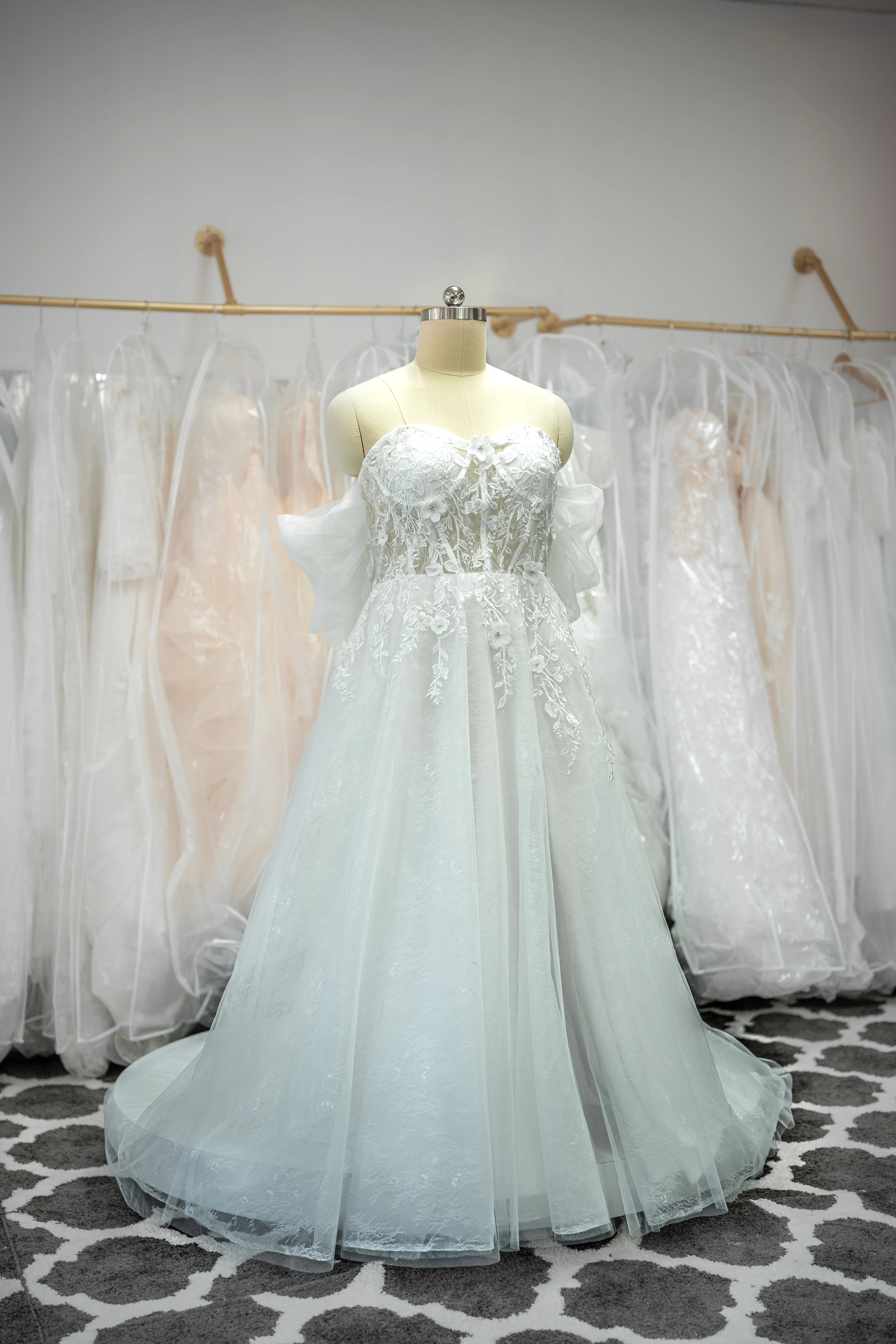 White 3D lace wedding gown