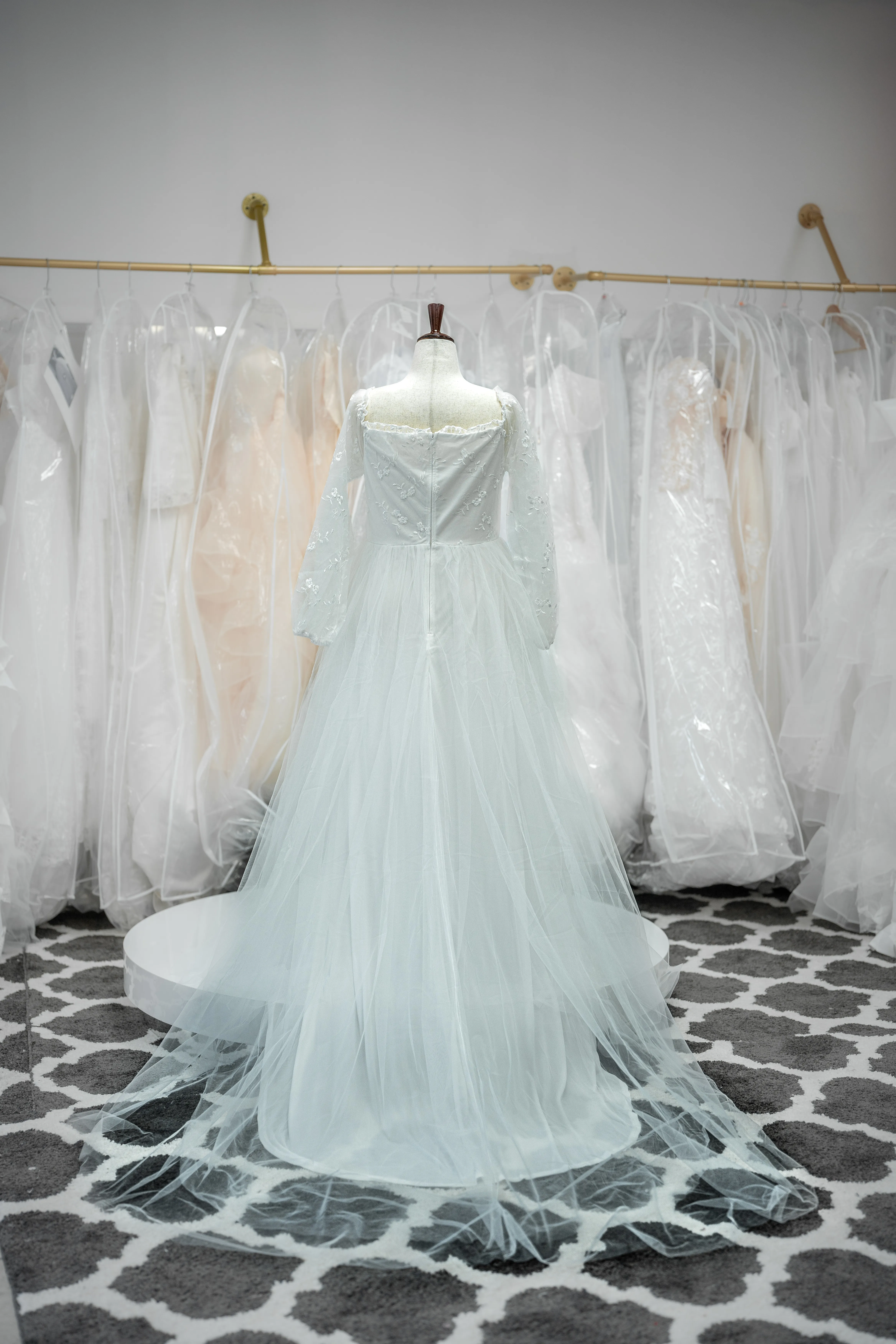 White lace-sleeve satin wedding dress photo 2
