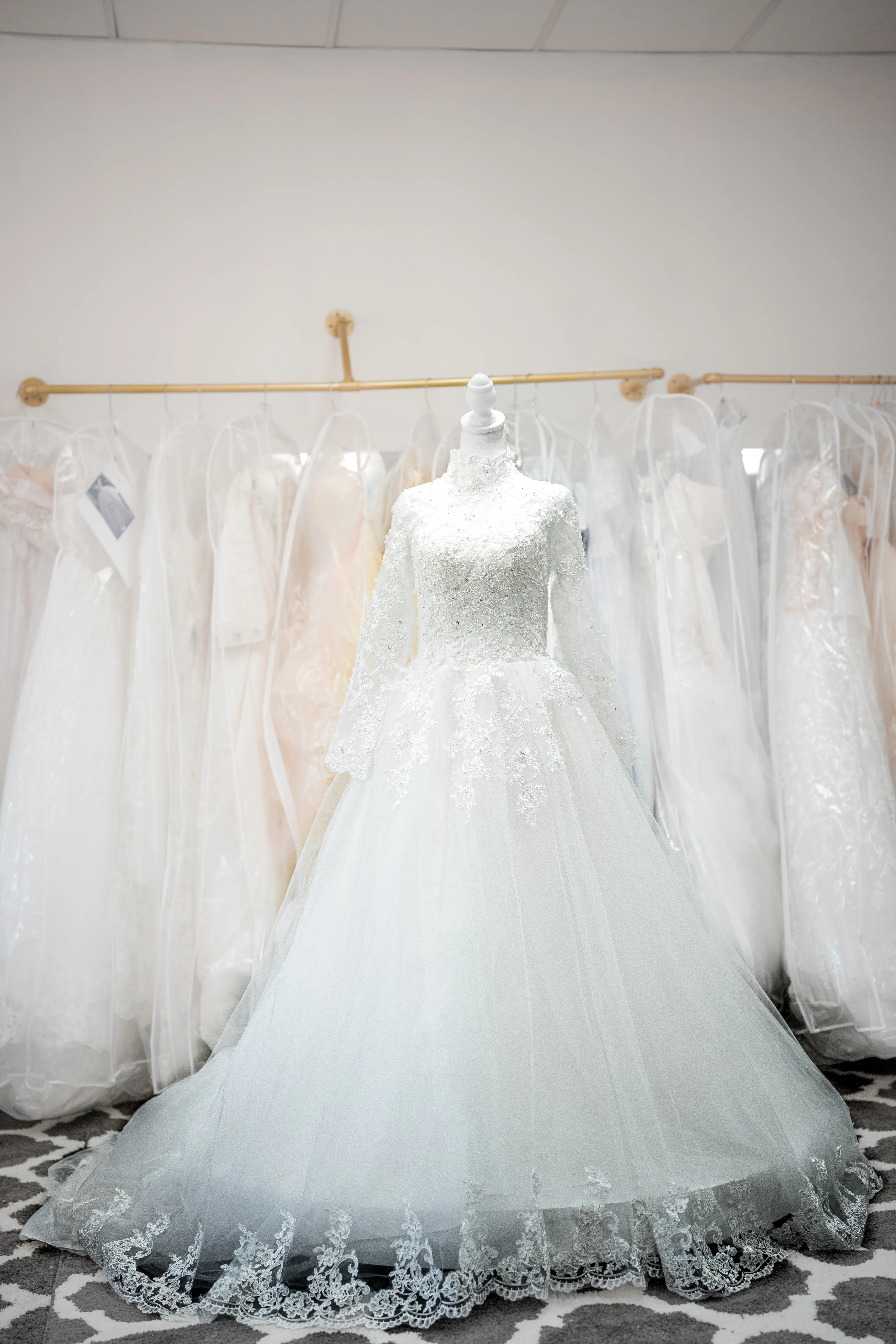 White high-neck beaded wedding gown