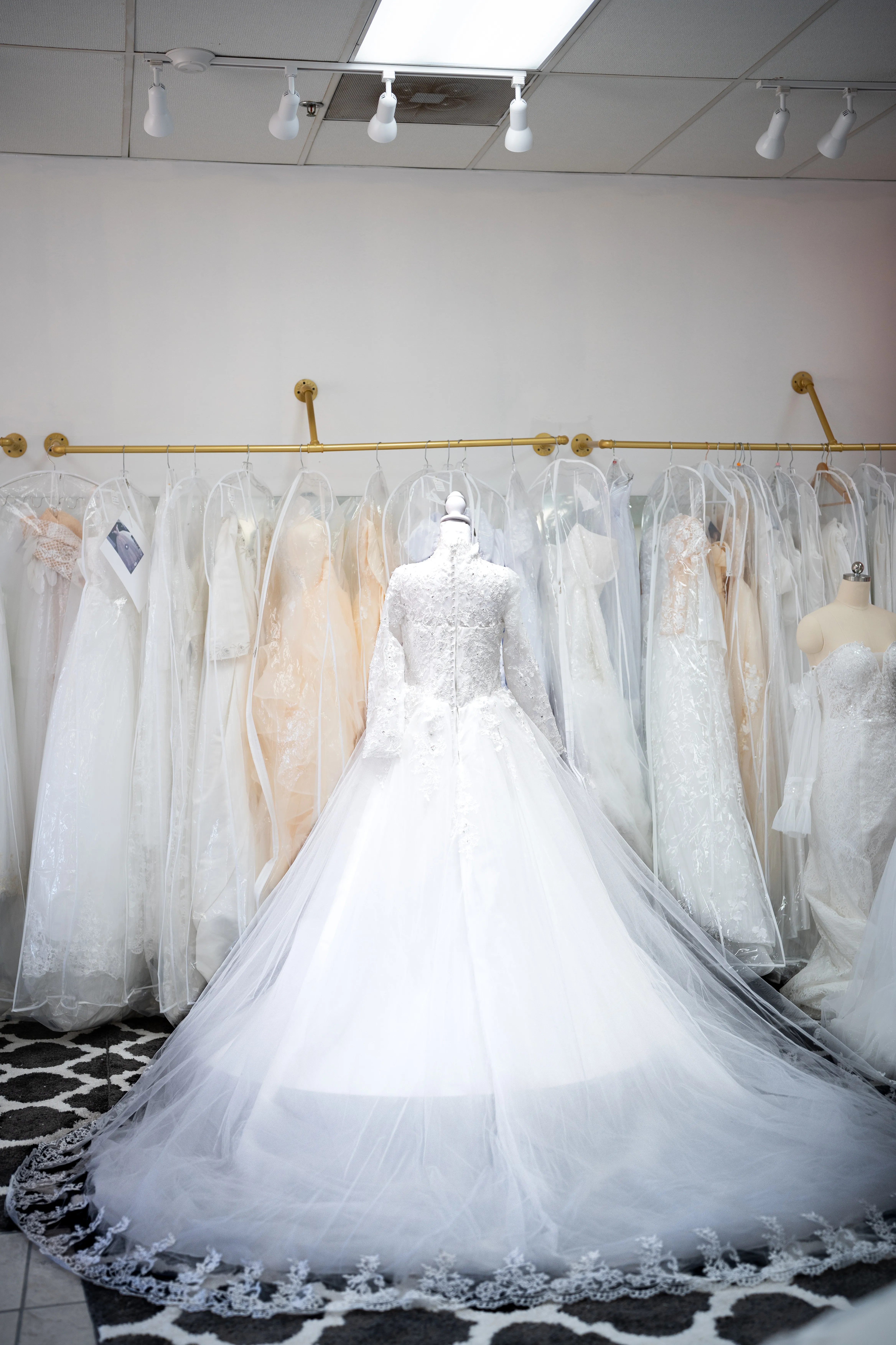 White high-neck beaded wedding gown photo 2