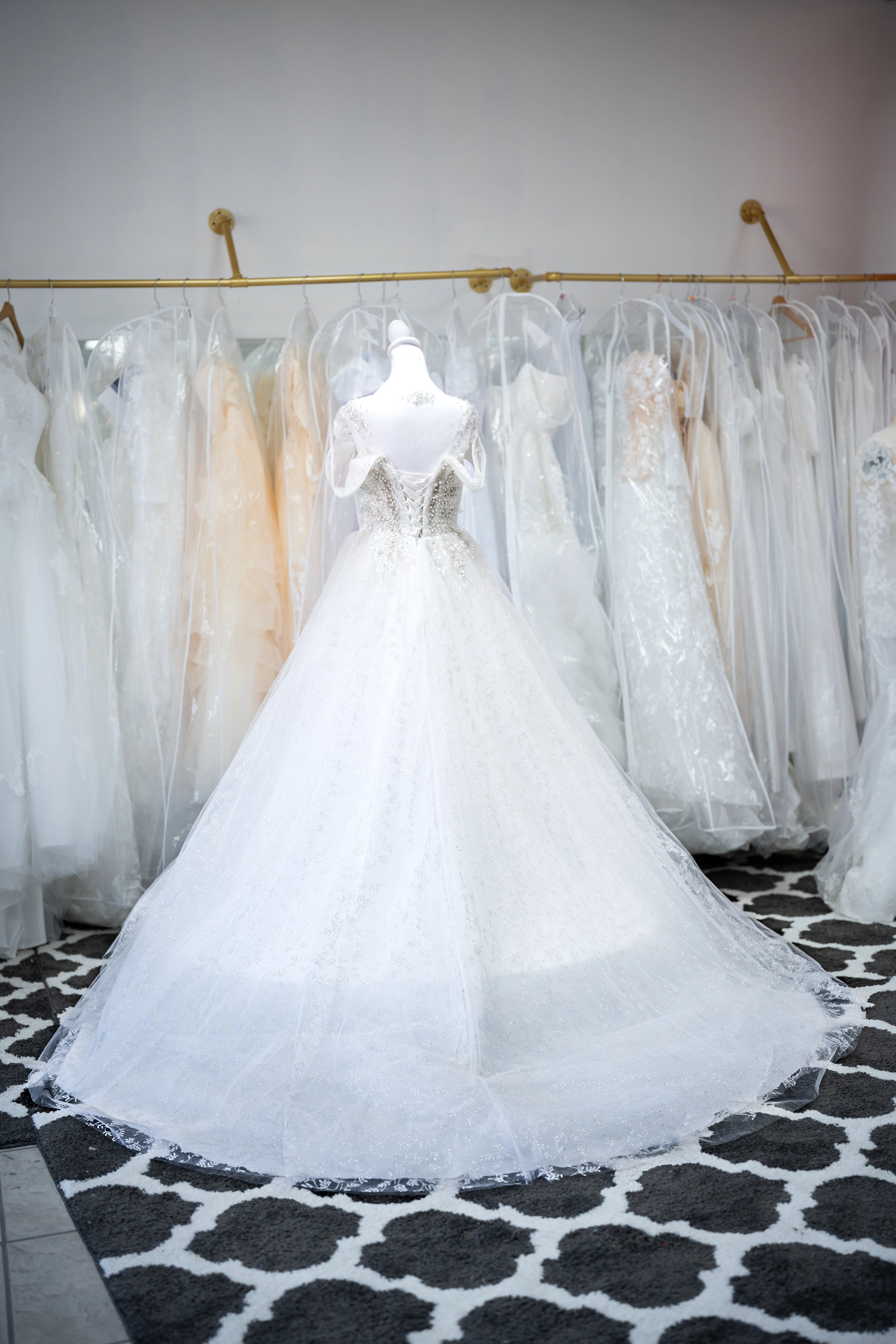 White sequin wedding gown with corset back photo 2