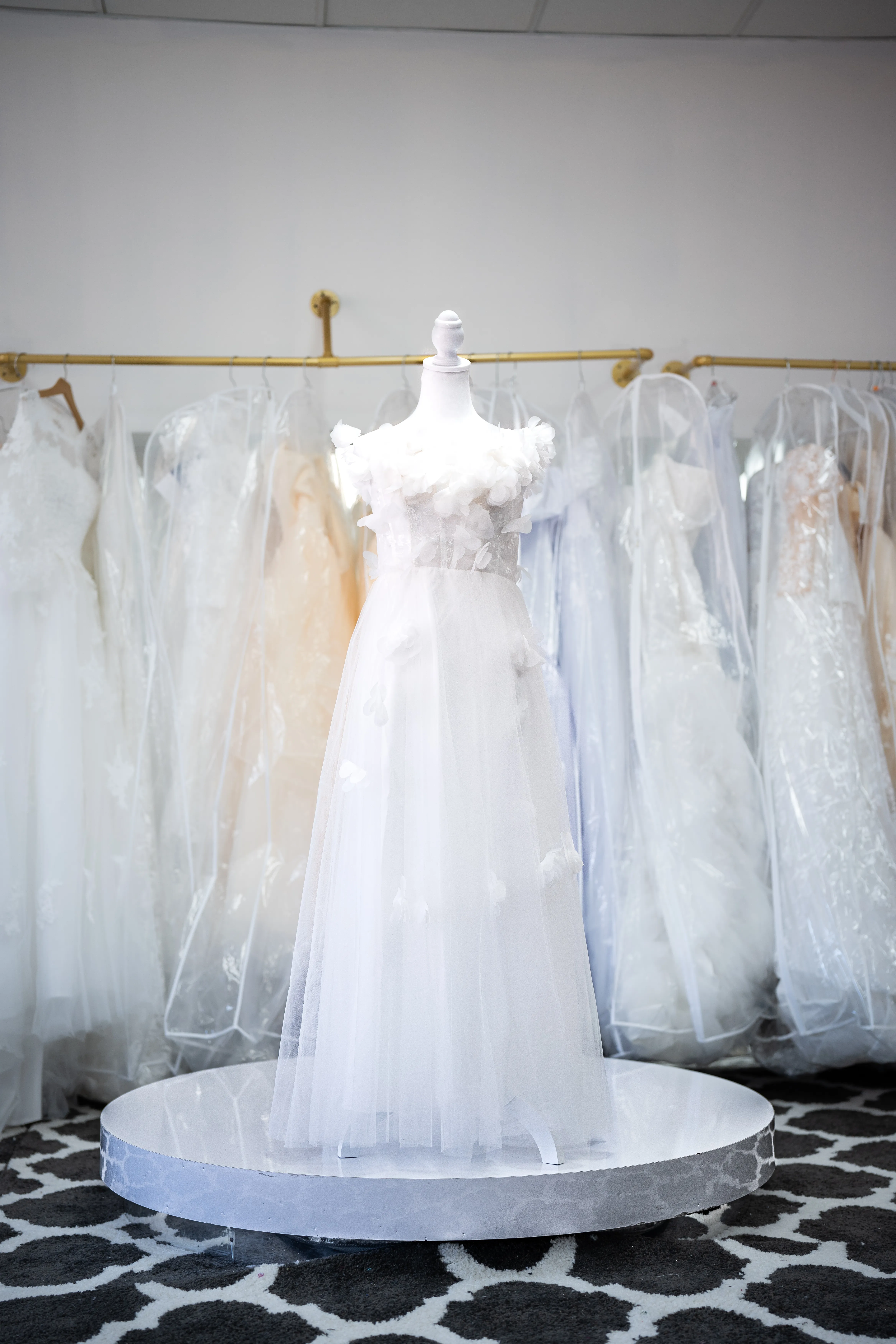 White floral applique tulle wedding dress