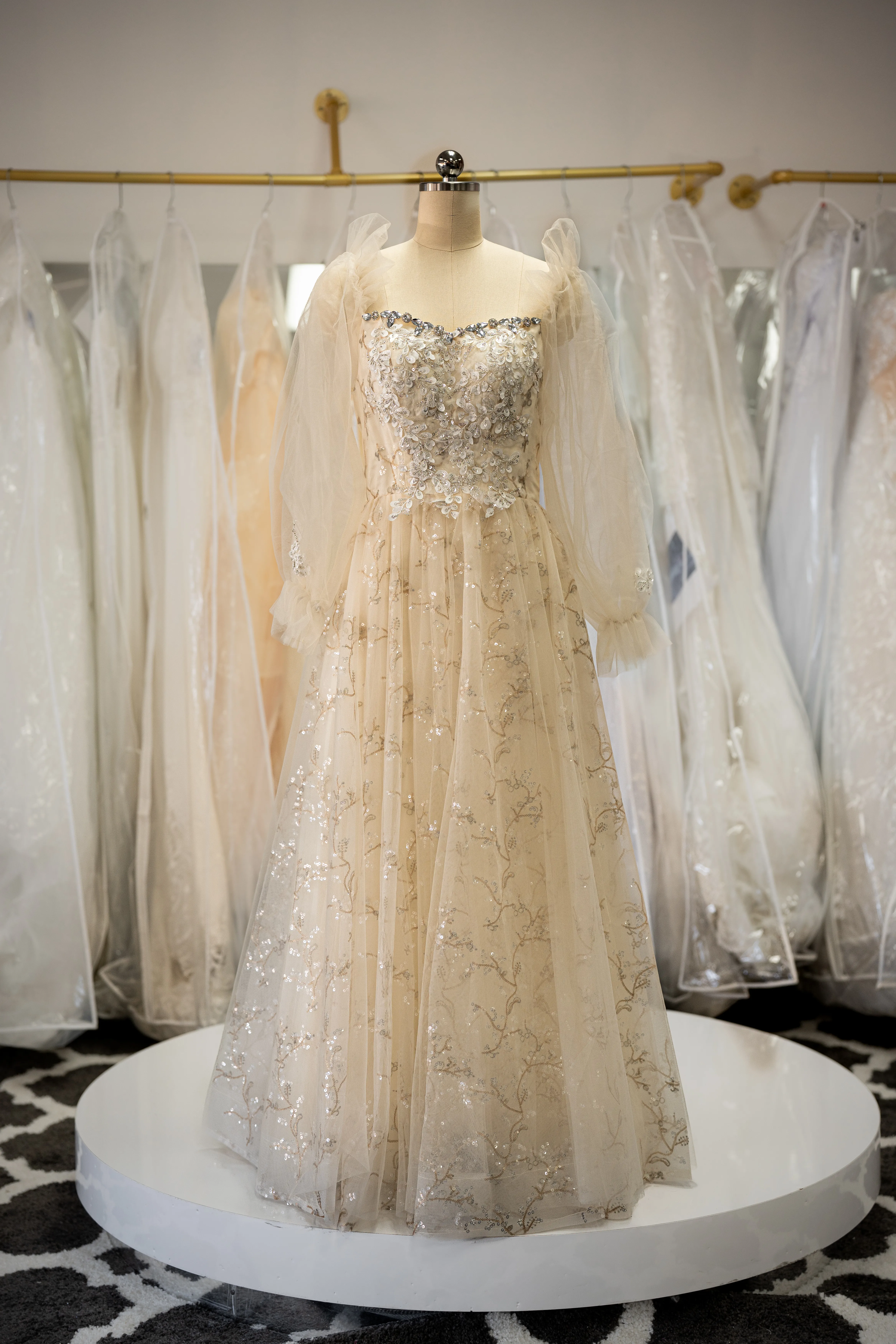 Champagne sequin gown with sheer sleeves