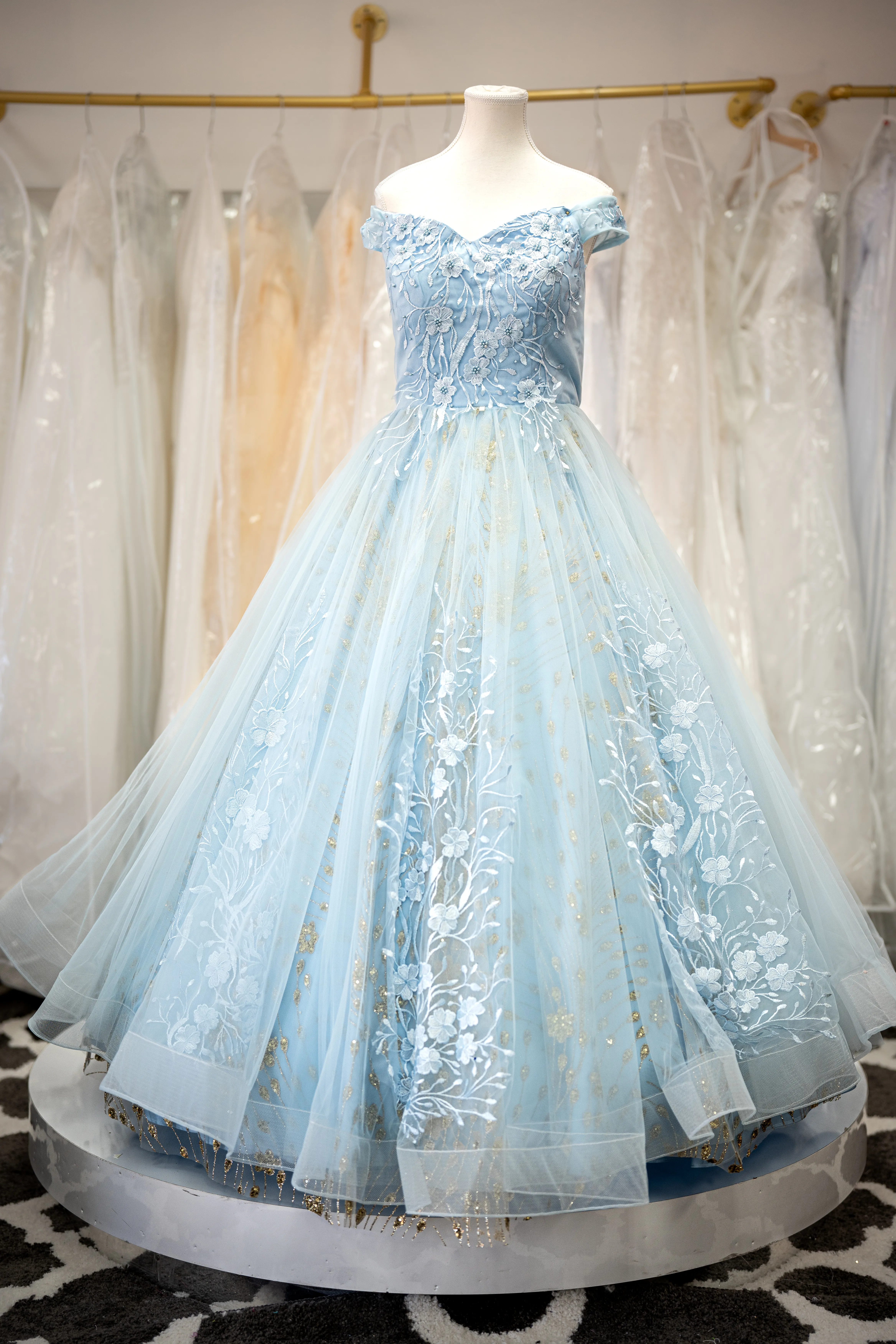Light blue floral embroidered wedding gown