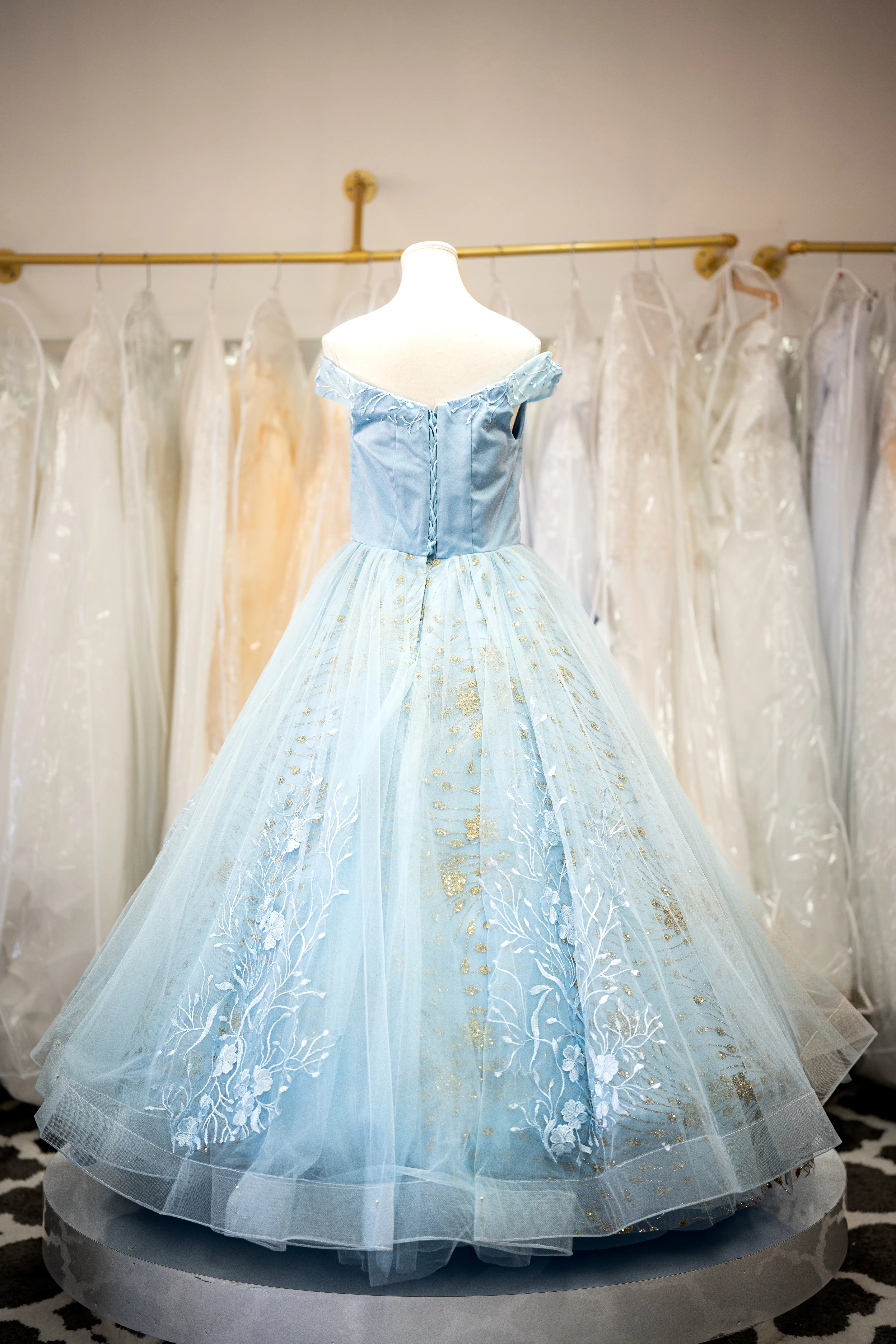 Light blue floral embroidered wedding gown photo 2