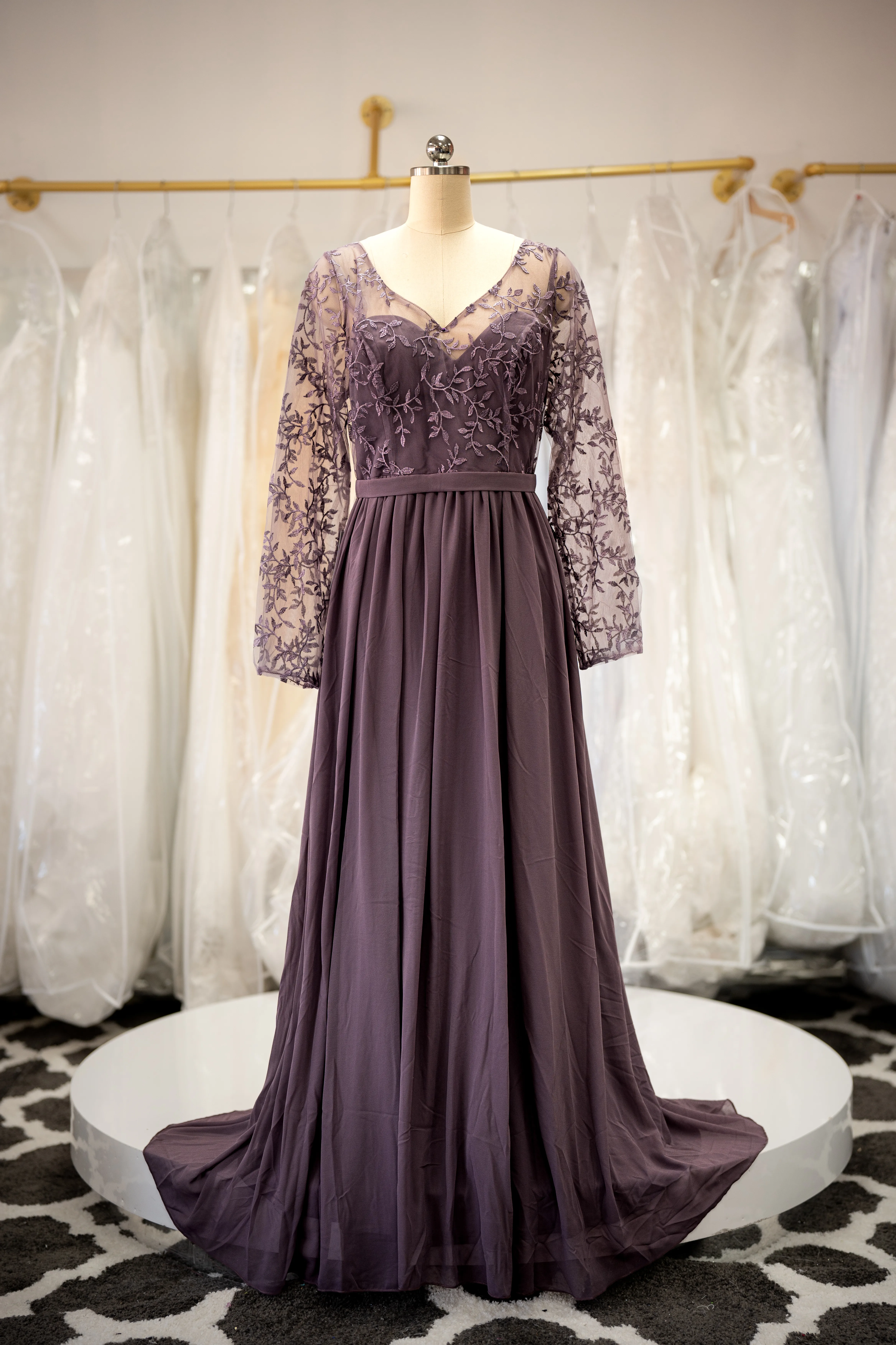 Plum lace long sleeve A-line dress