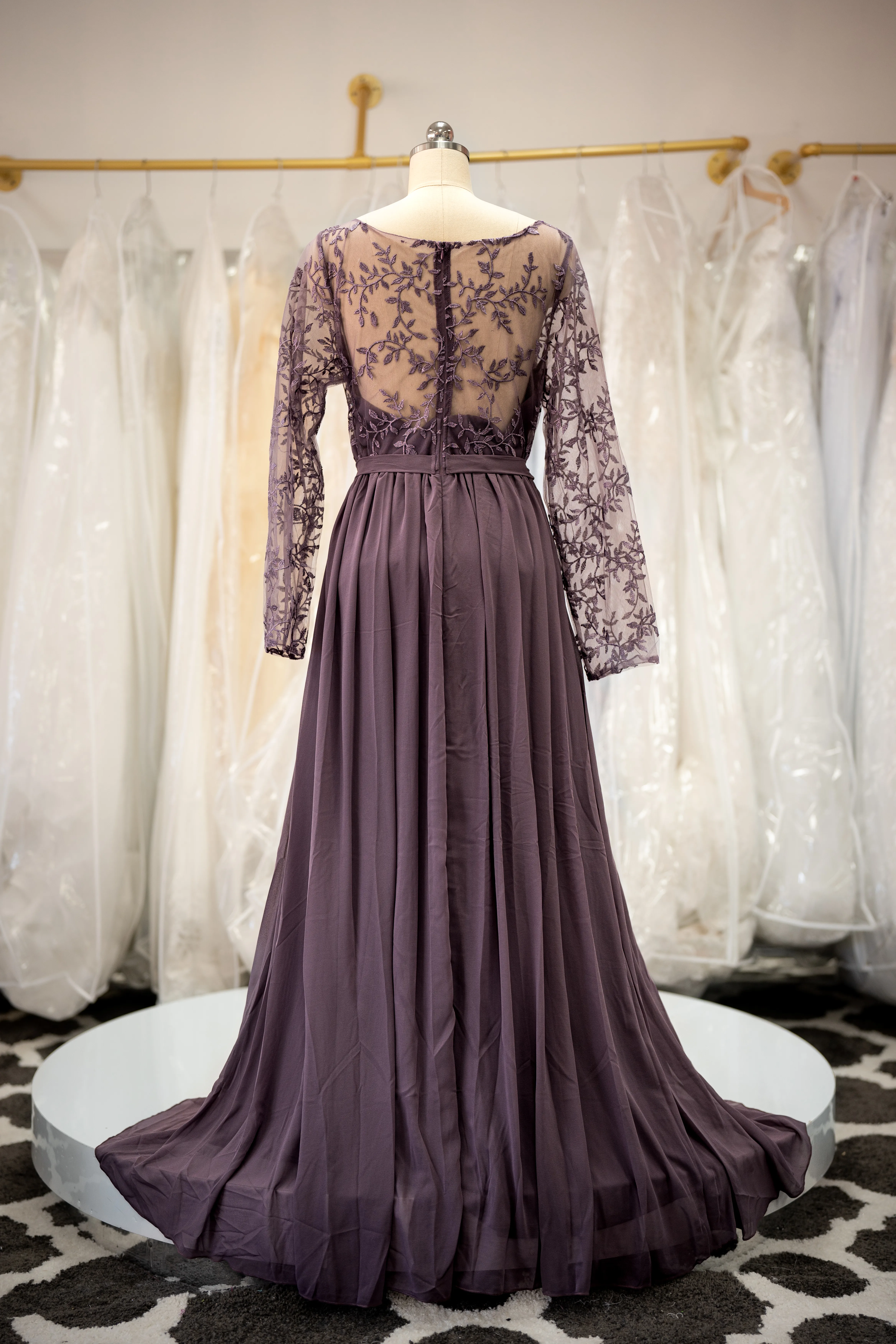 Plum lace long sleeve A-line dress photo 2