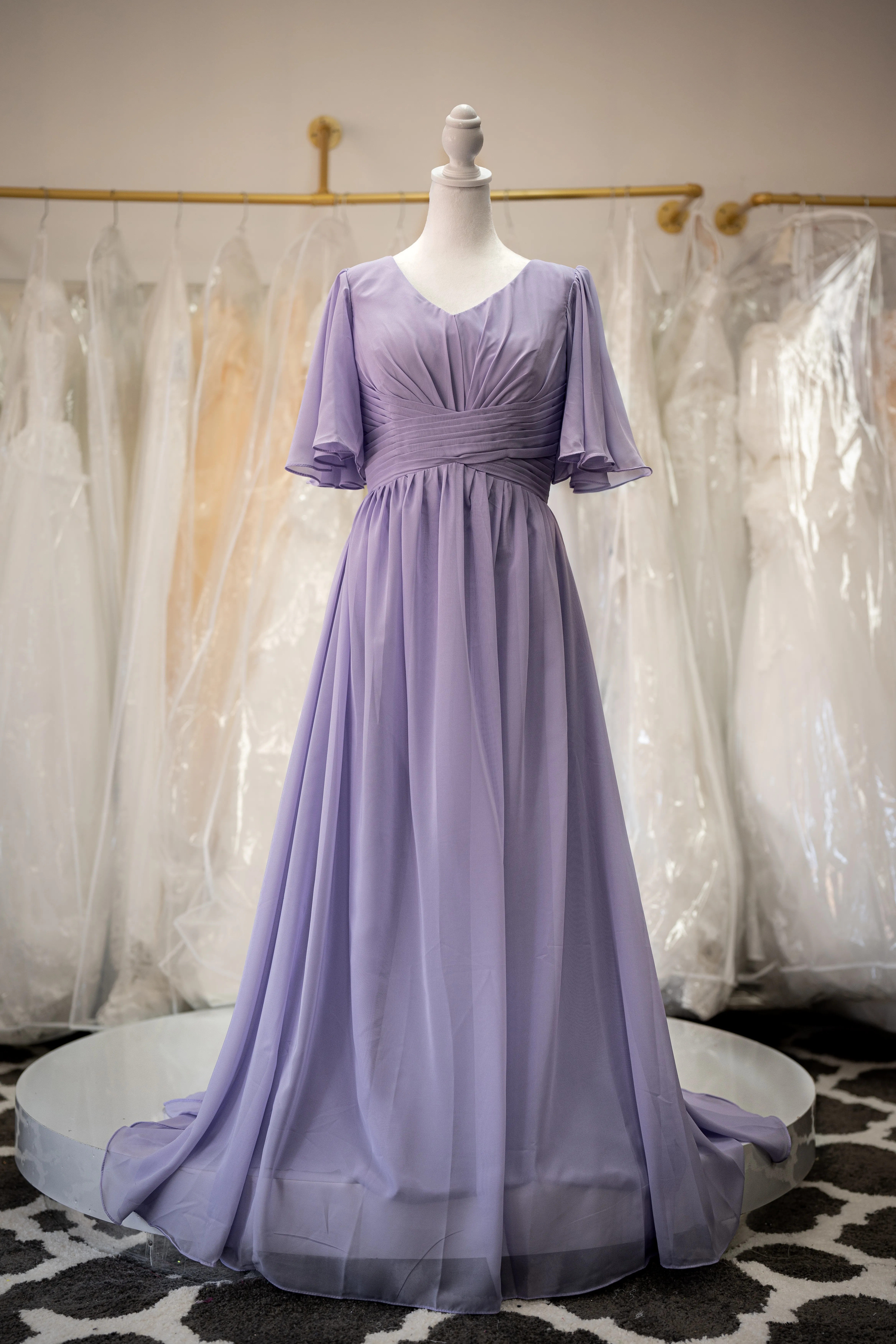Lavender flutter sleeve chiffon dress