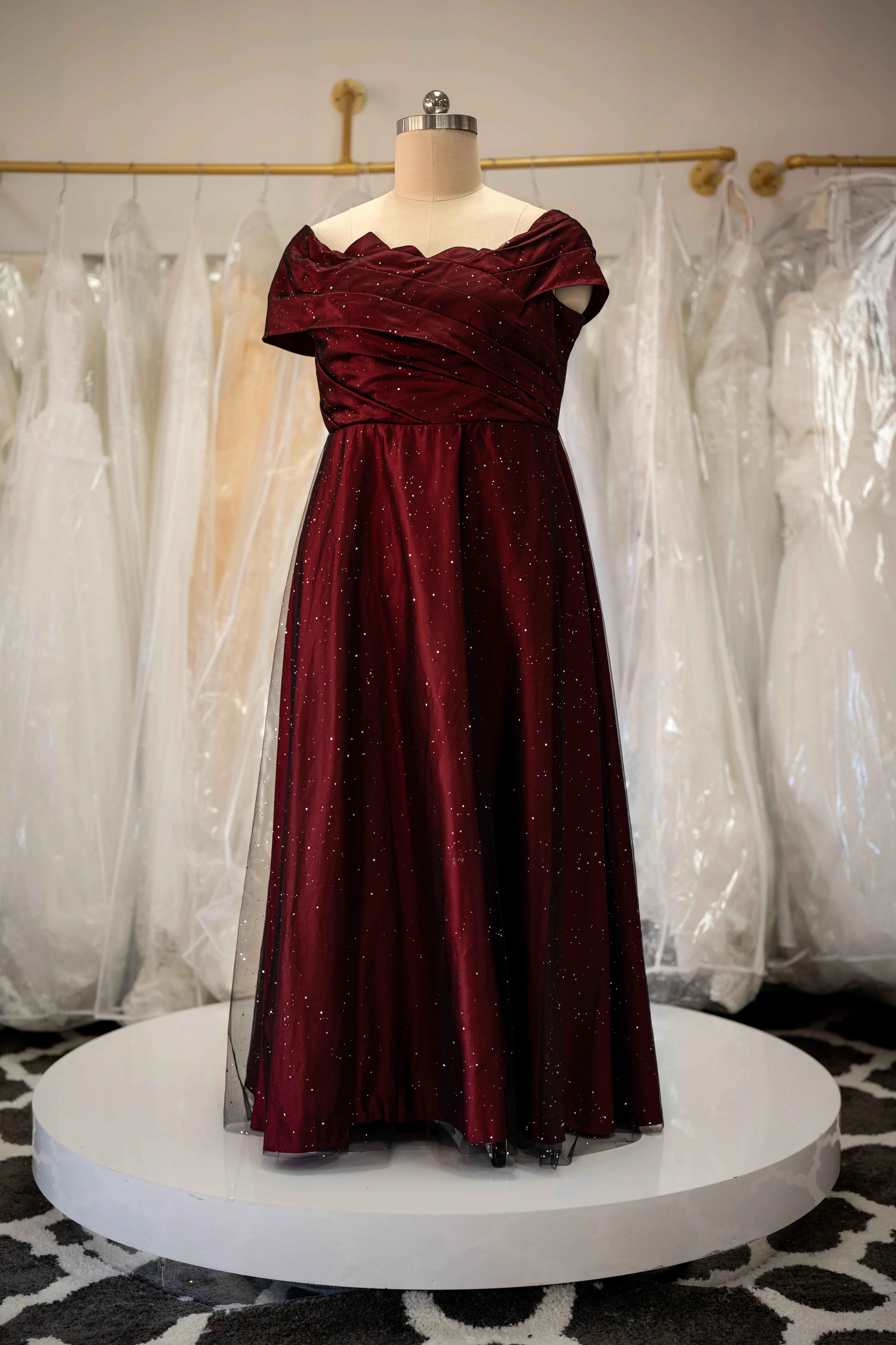 Burgundy off-shoulder sequin dress