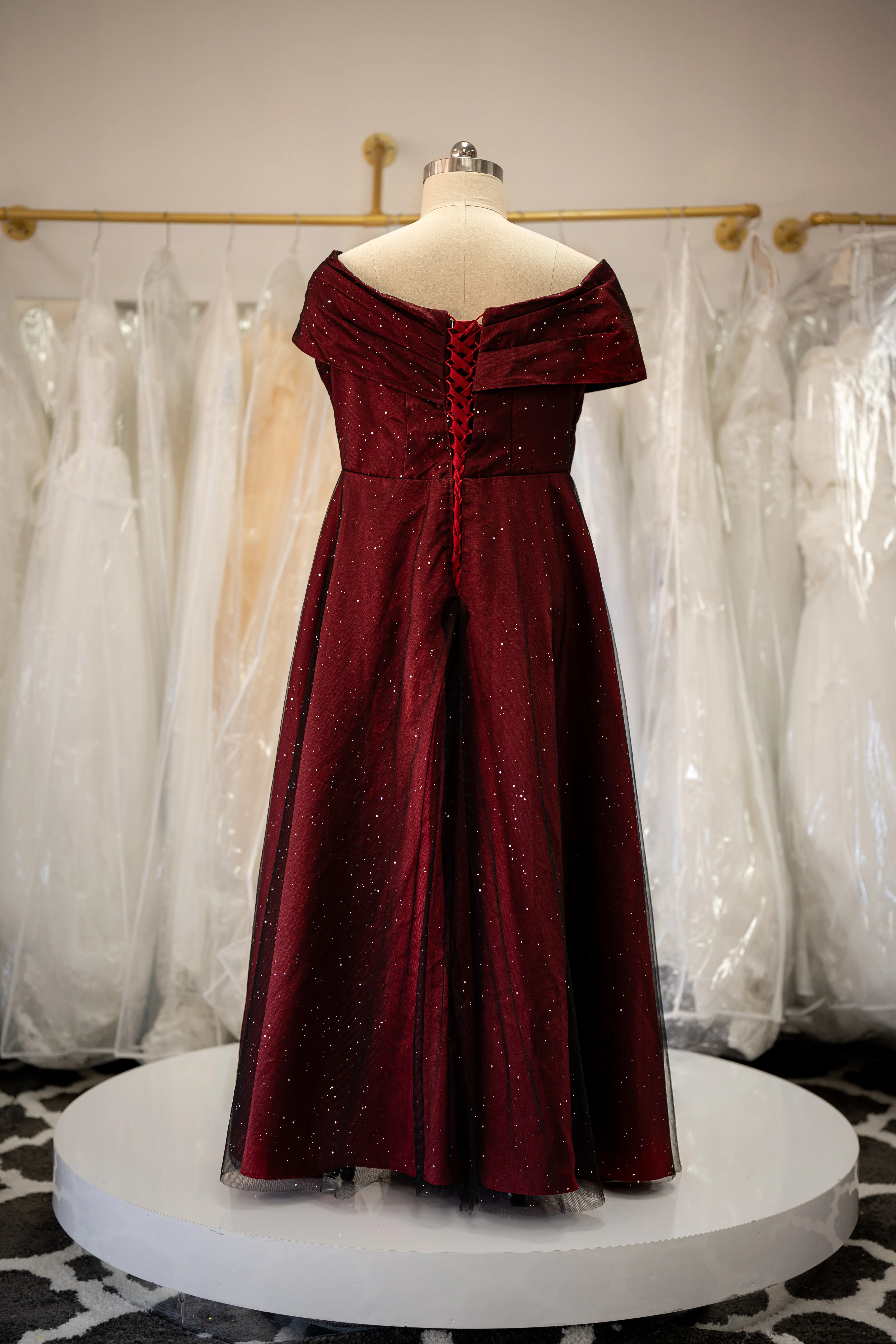Burgundy off-shoulder sequin dress photo 2