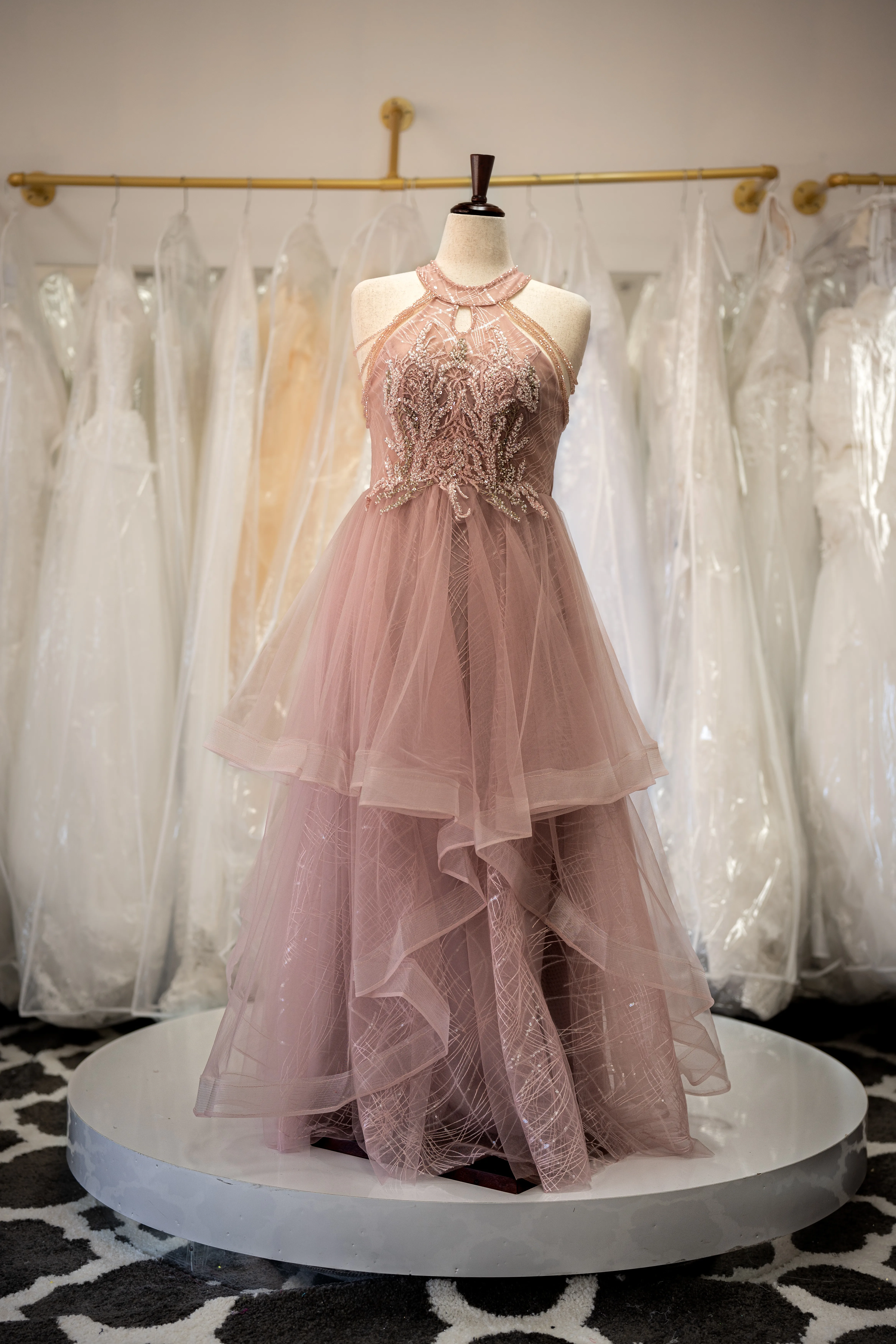 Dusty rose beaded halter gown