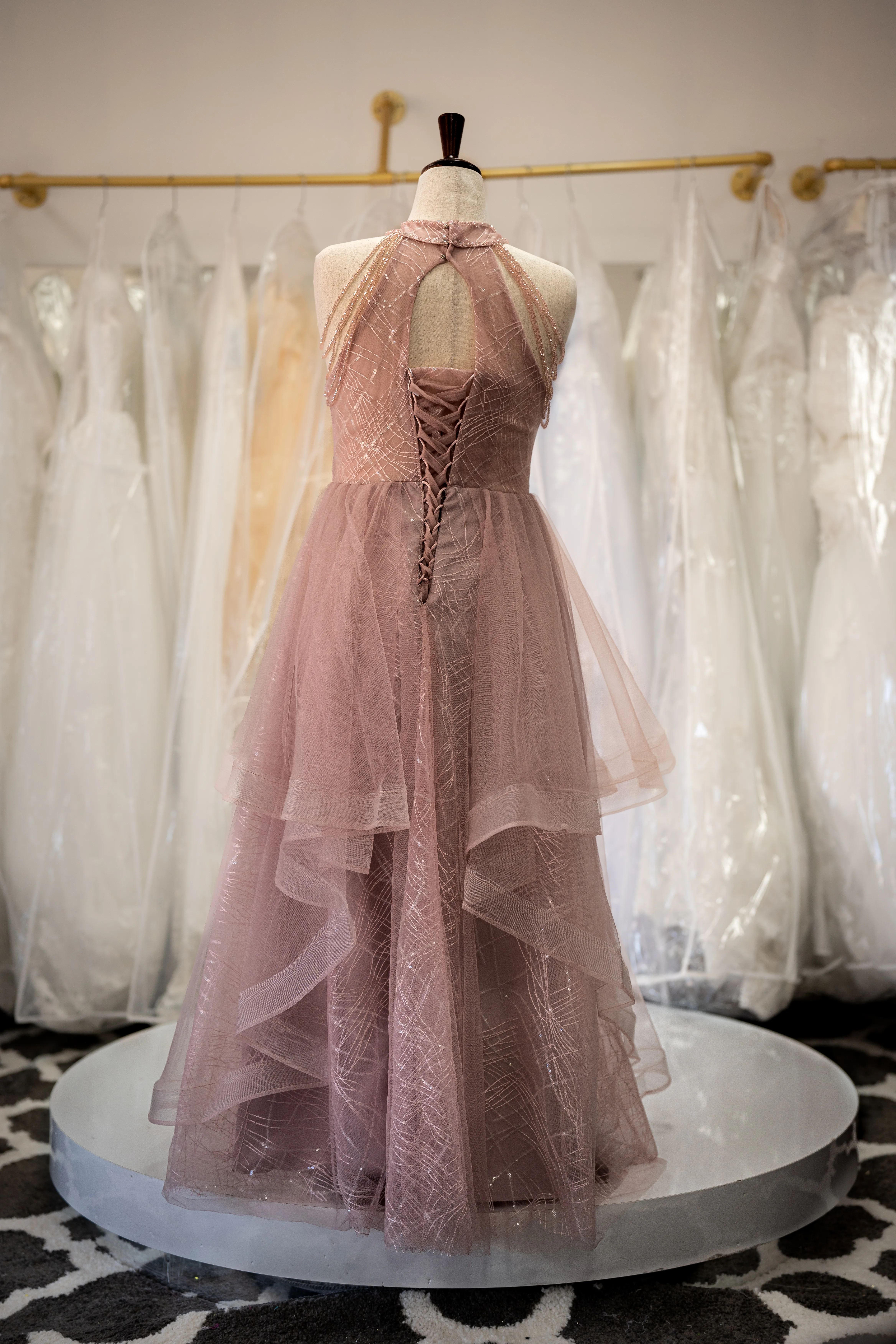Dusty rose beaded halter gown photo 2