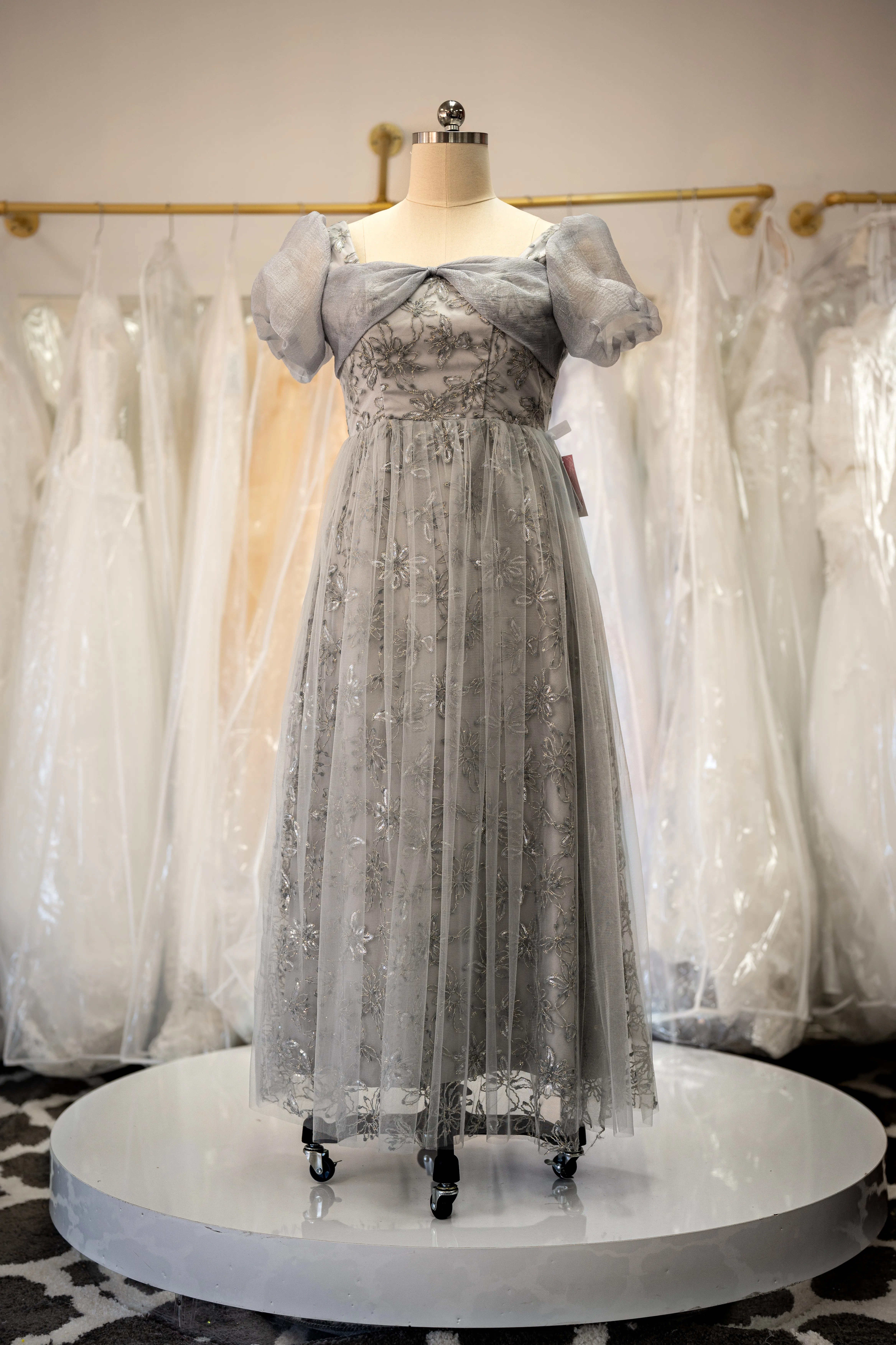 Silver floral embroidered puff sleeve gown