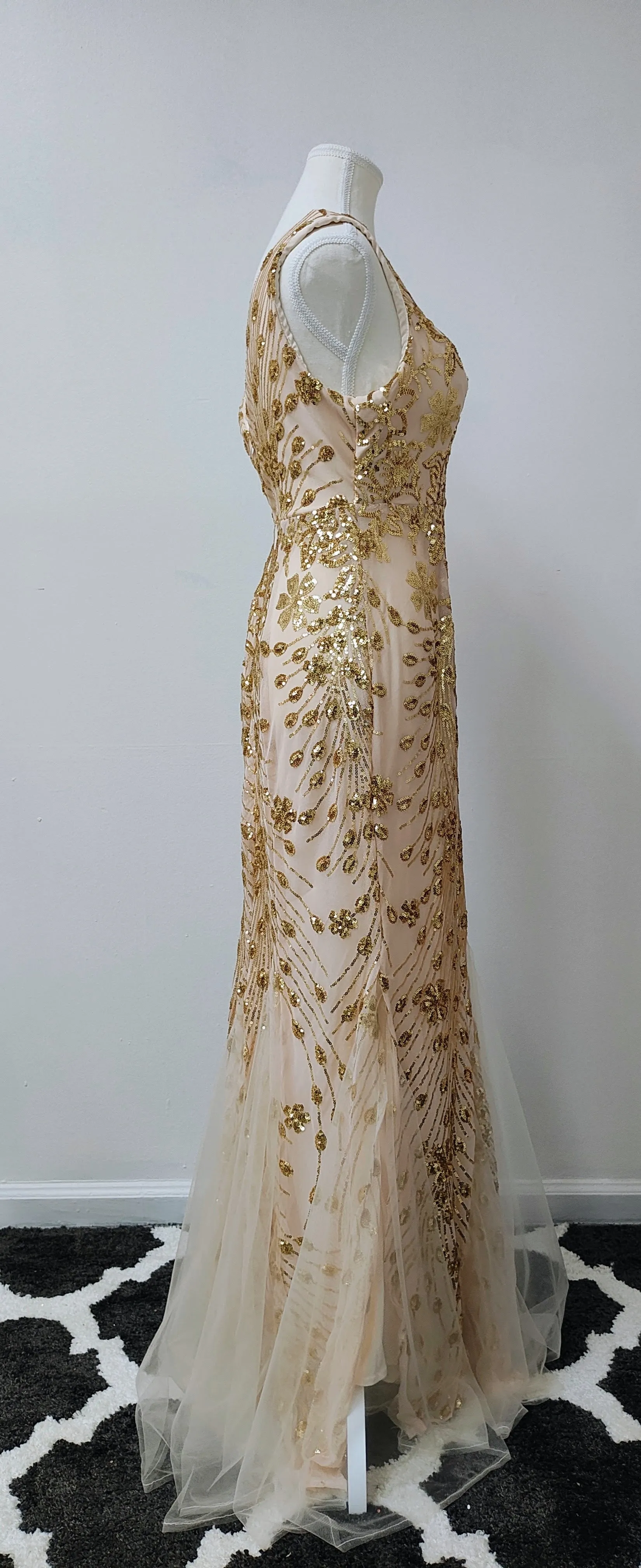Nude gold sequin prom dress photo 3