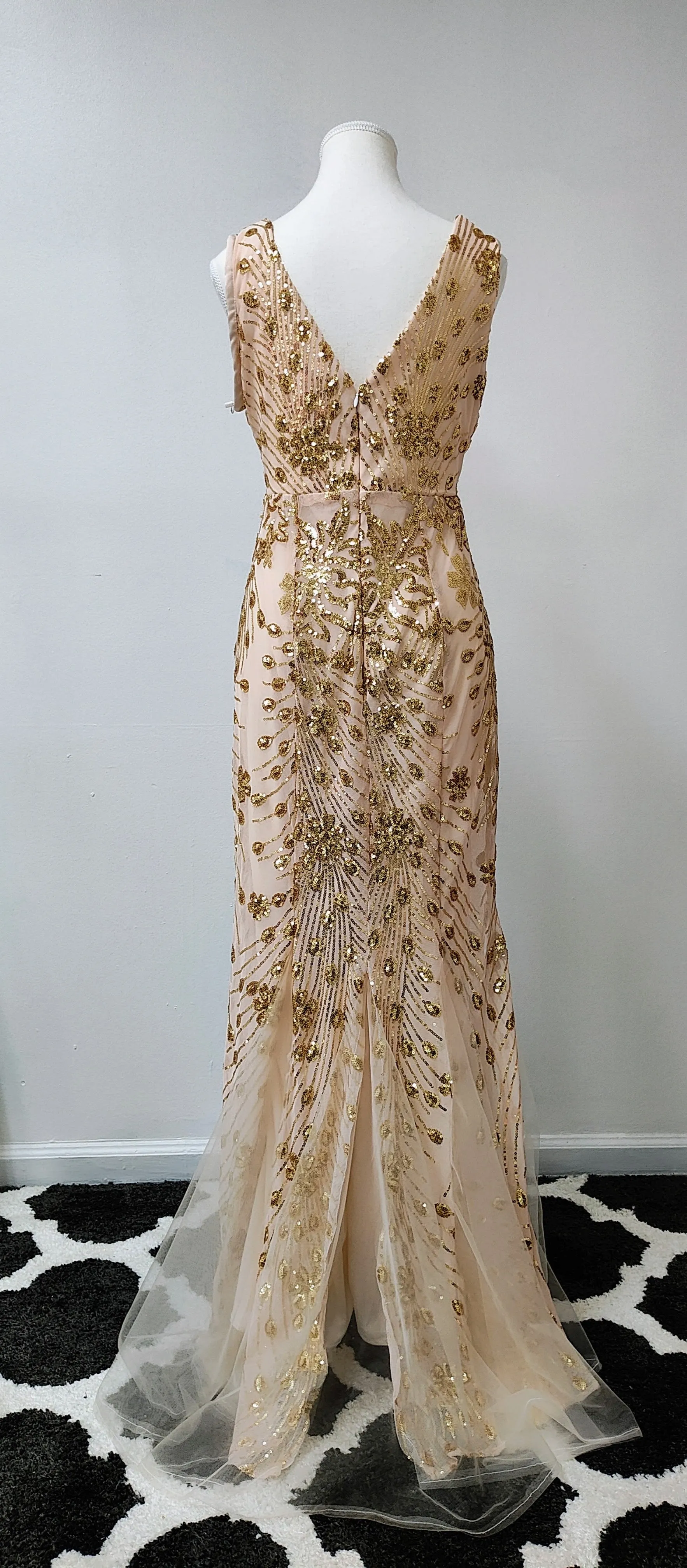 Nude gold sequin prom dress photo 6