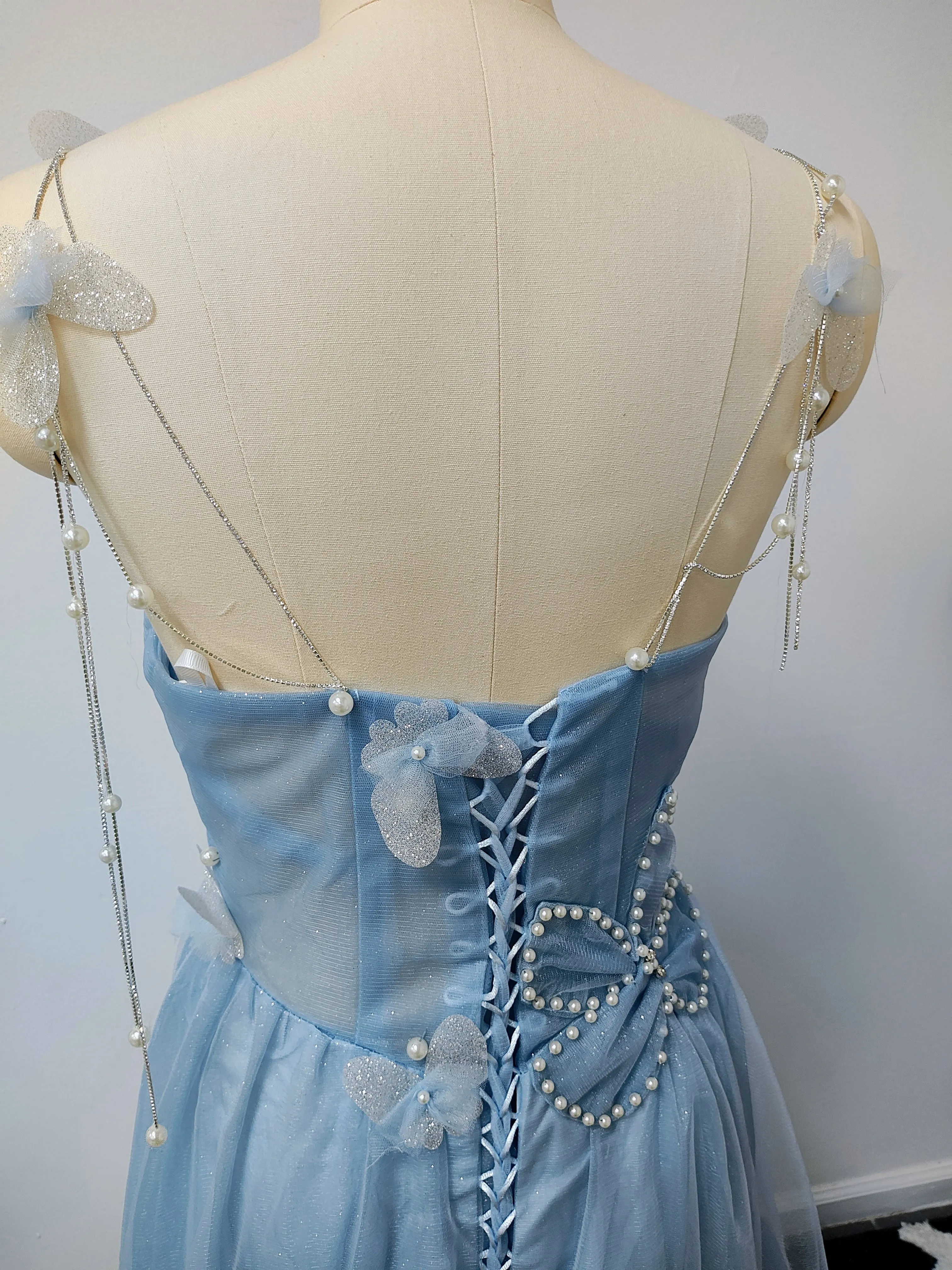 Sky blue floor length prom dress photo 5