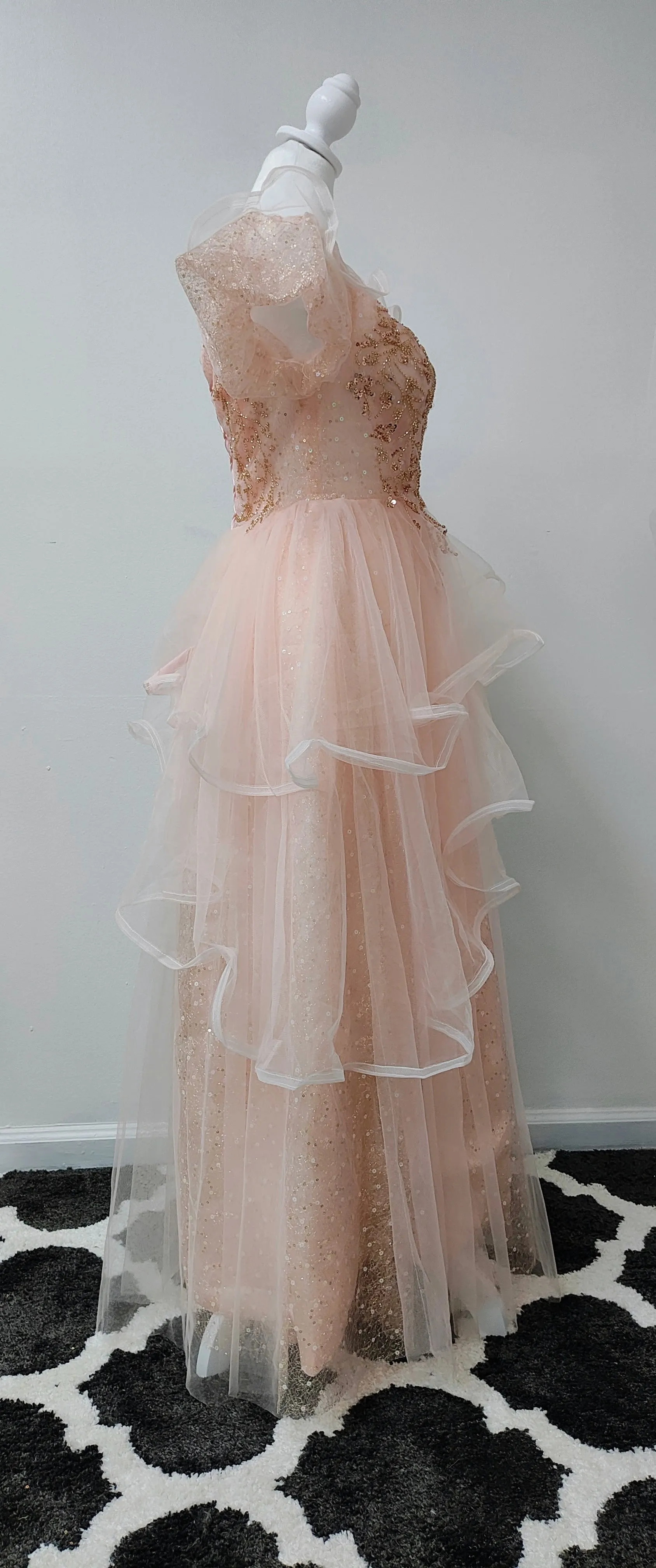 Pink gold sequin ruffled prom dress photo 4