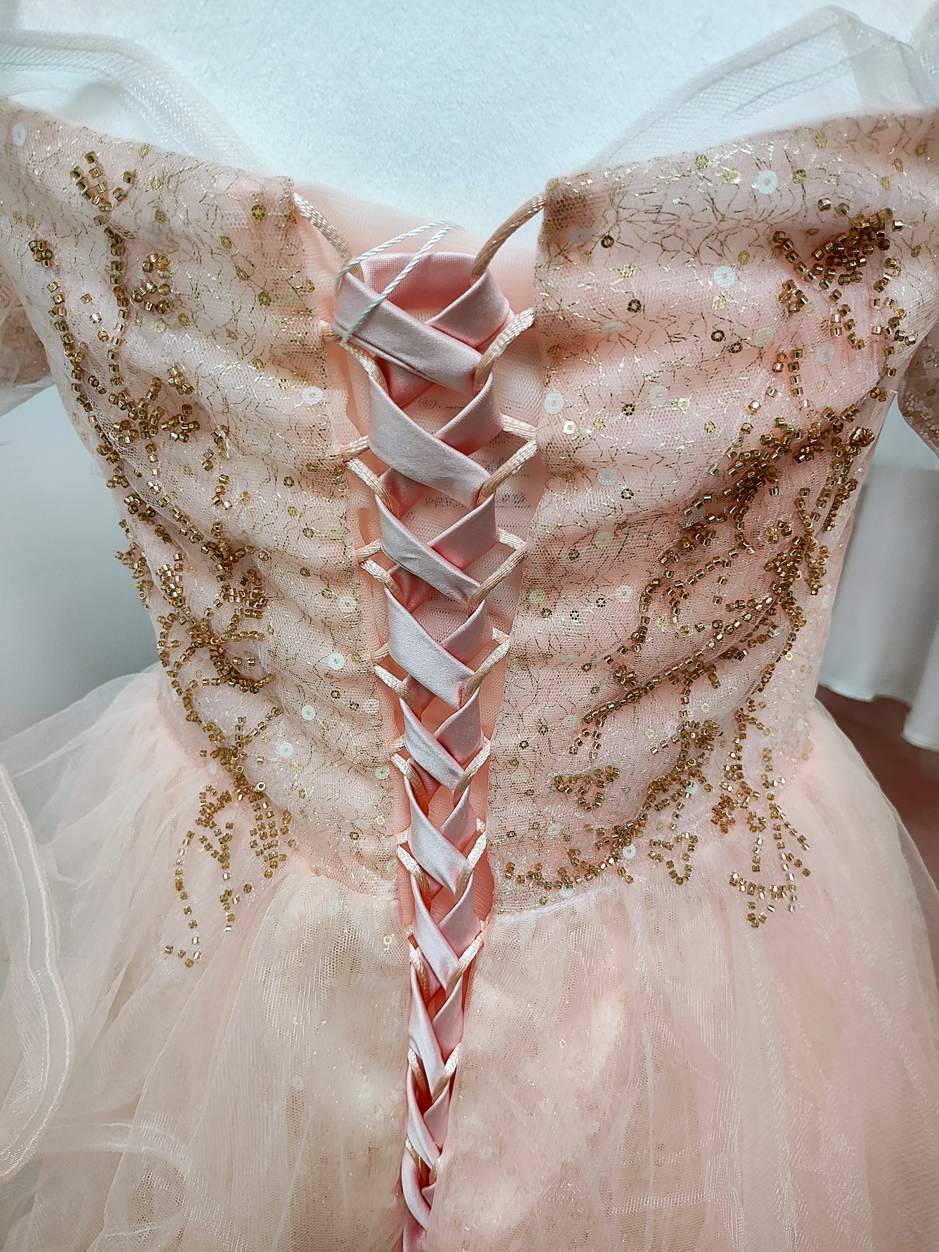 Pink gold sequin ruffled prom dress photo 7