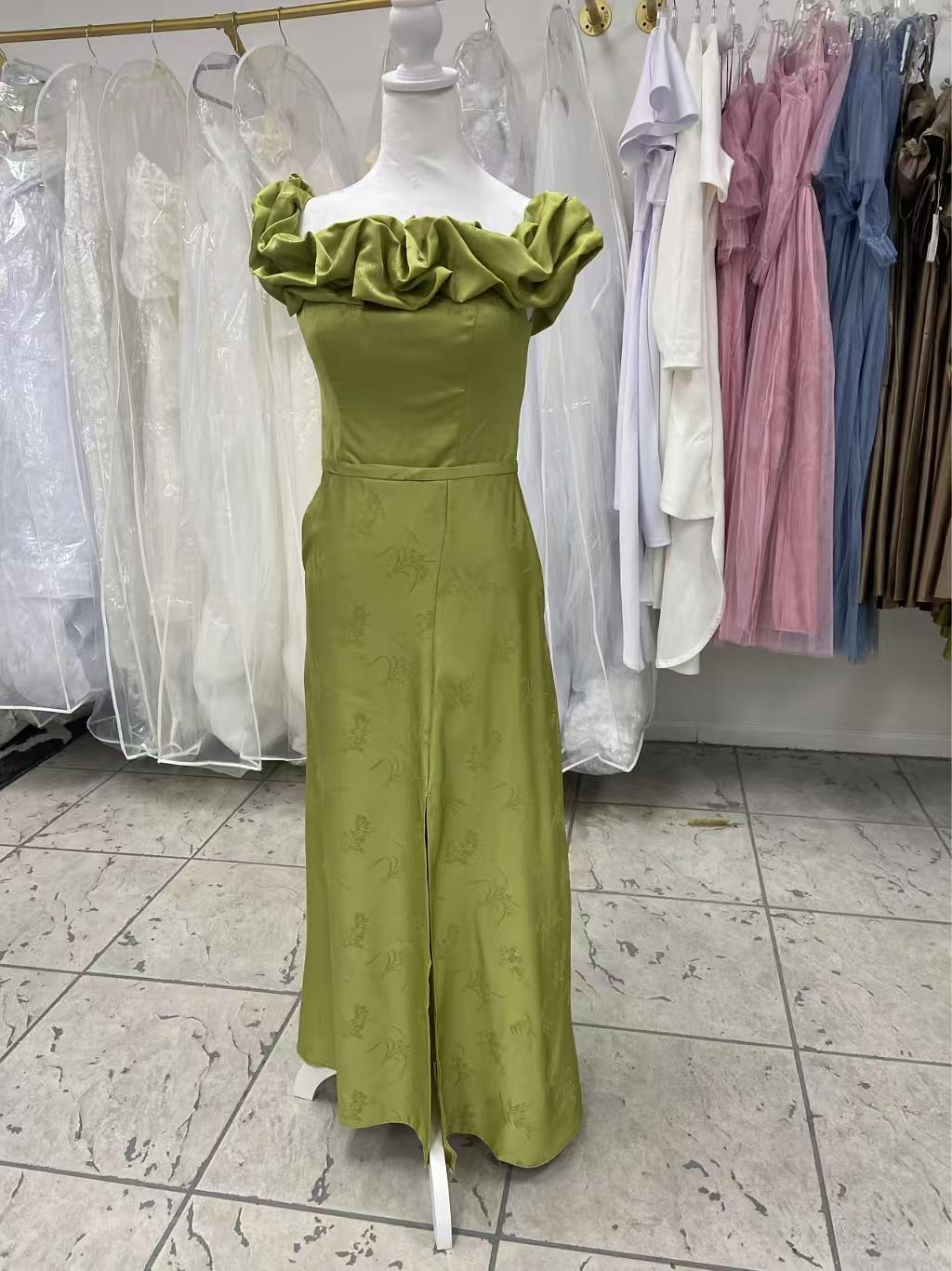 Ruffled Olive Gown Bridesmaids Dress